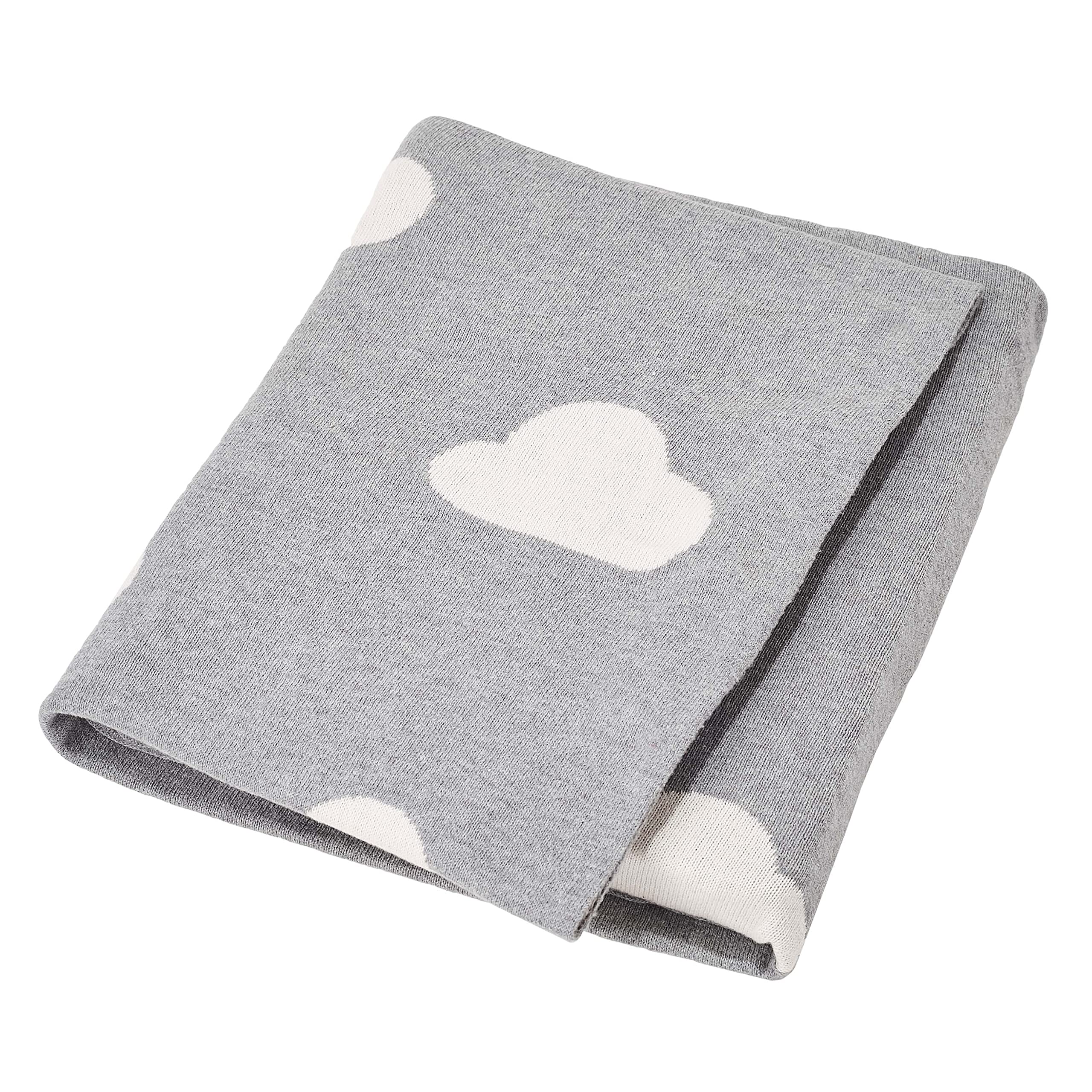 Nevni Cloud Print Knitted Soft Cotton Reversible Baby Blankets for Newborn Boy Girls Grey, 80 cm x 100 cm
