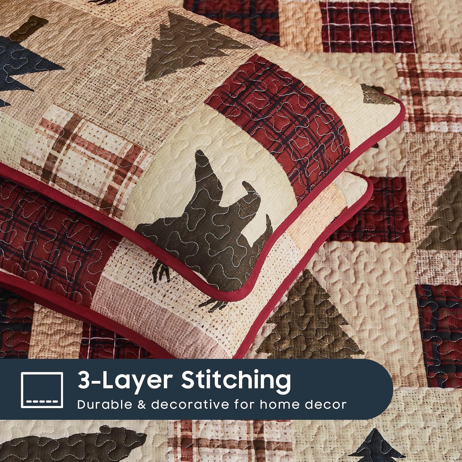 Wake In Cloud - Rustic Quilt Set, Cabin Country Christmas Bear Deer Wildlife Plaid Lodge Western Theme, Reversible Lightweight Bedspread Coverlet, 3 Pieces, Burgundy Brown, Queen/Full Size