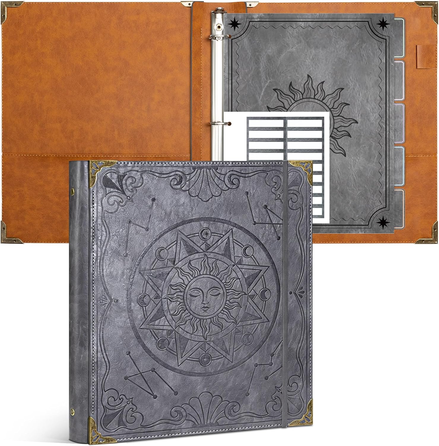 Ospelelf 3 Ring Binder 1 Inch Leather Vintage Hardcover Binder Dividers with Tabs for Letter Size 8.5"x11" Paper, Binder with Pockets for Photo Album, Document Organizer and Family History, Gray Sun