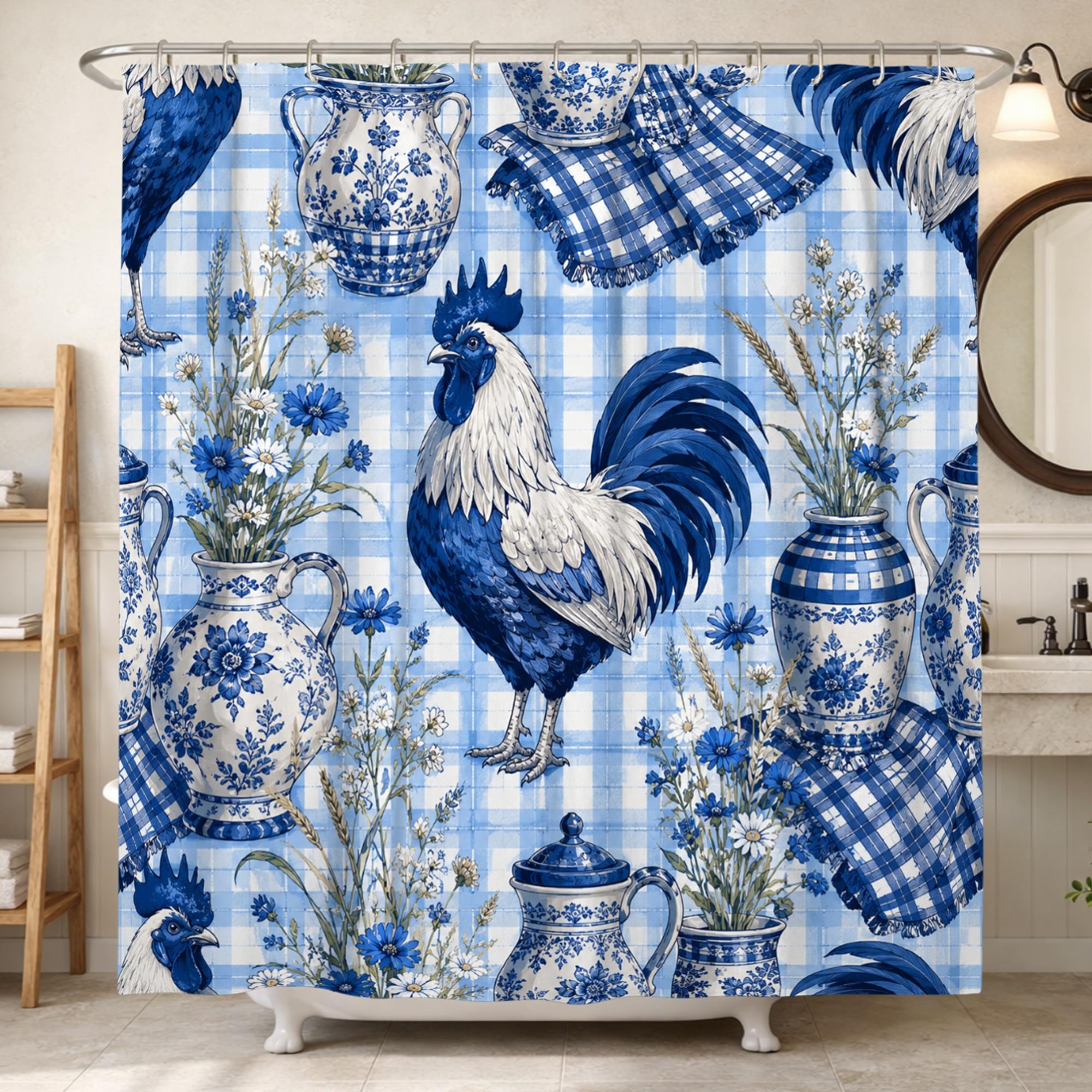 Rideau de douche rustique bleu en tissu imperméable 183x213 cm pour douche