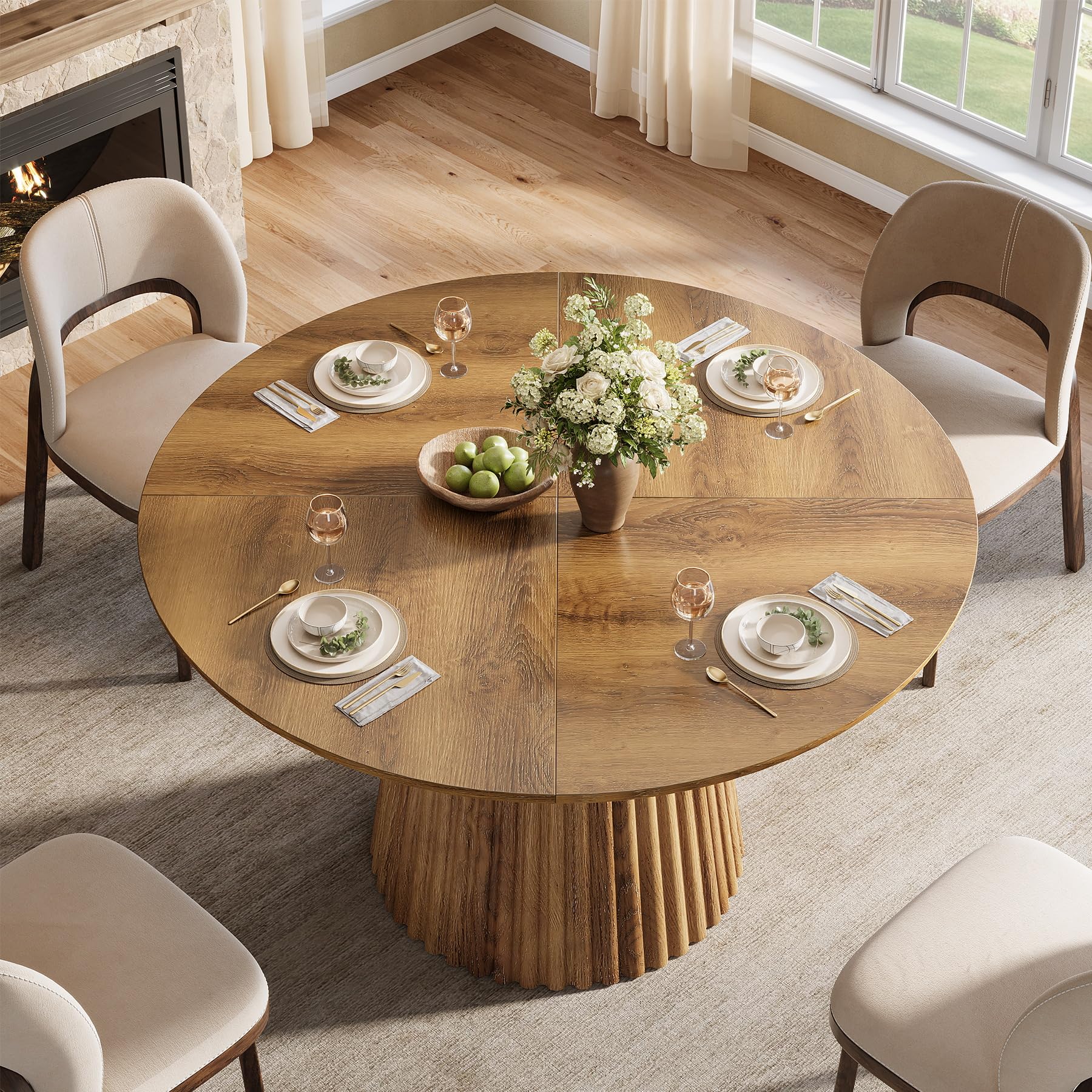 Tribesigns Mesa de Comedor Redonda de 120 cm para 4-6 Personas, Mesa de Cocina rústica de Madera con Base Acanalada para Comedor, Cocina o salón.