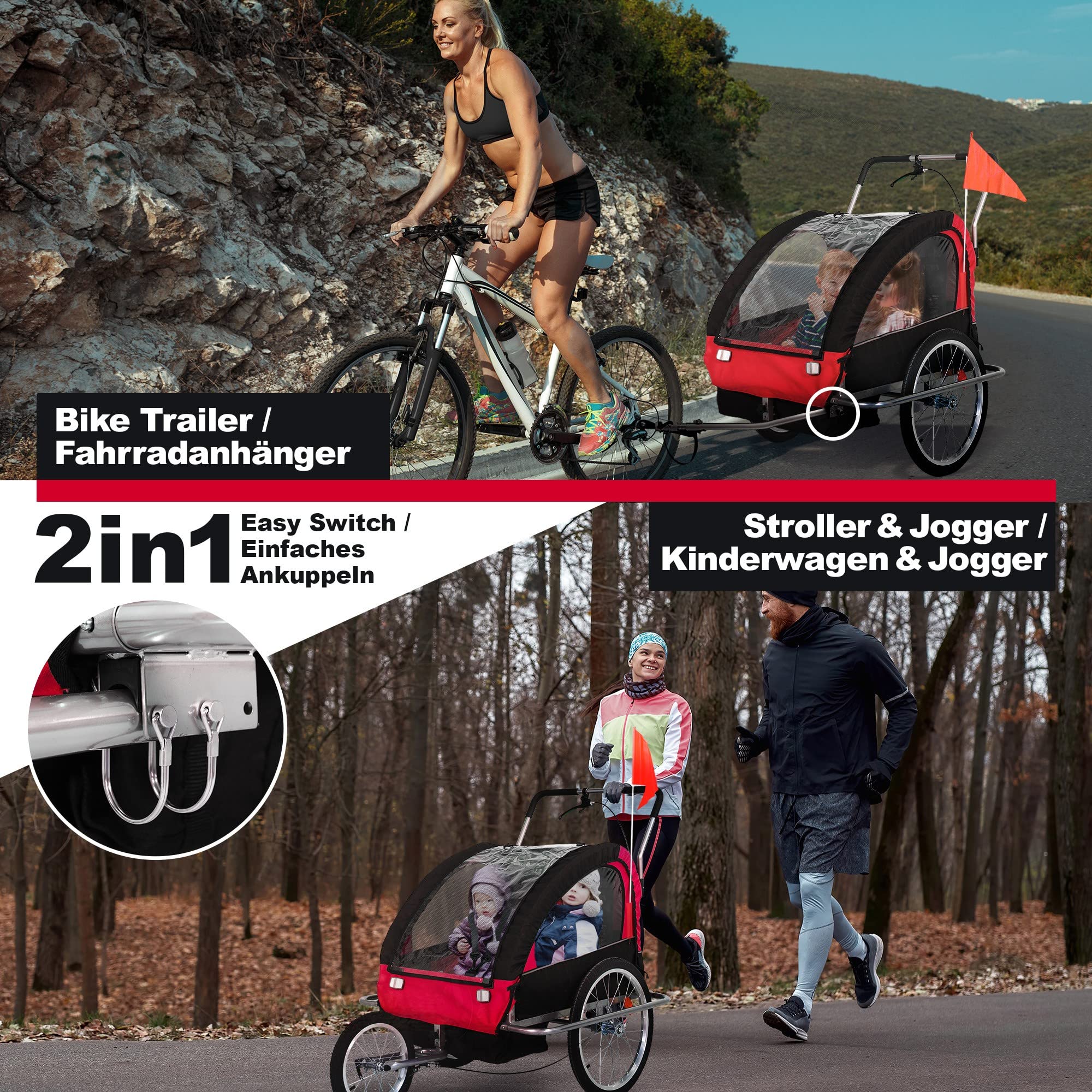 Jago® Rimorchio per Bicicletta - 2 Posti, da Bambini 12+ Mesi, Fissaggio a 5 Punti, Pieghevole, Tasche Laterali, Carico Massimo 40kg, in 3 colori - Carrellino Cani, Passeggino