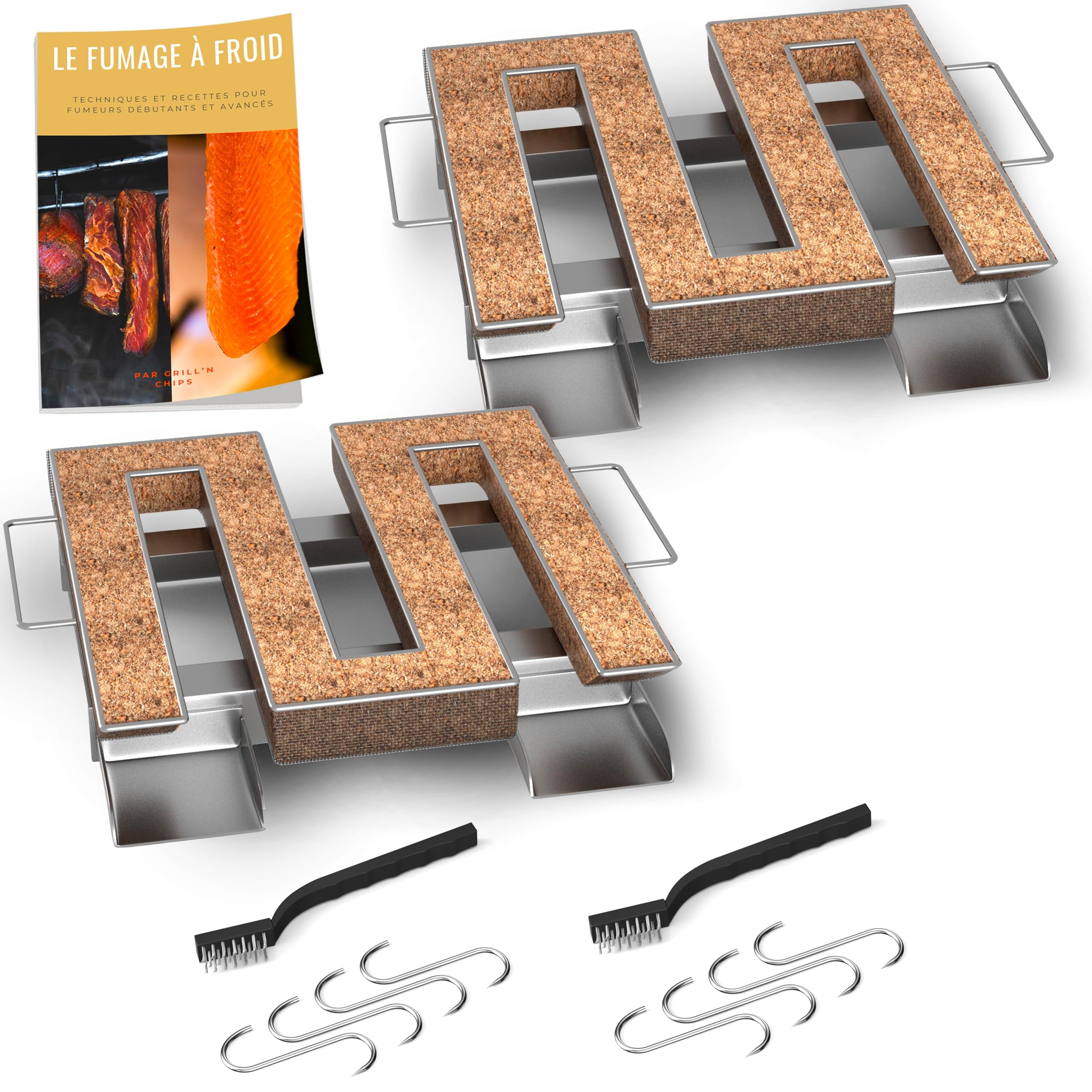 2 X Générateur/Serpentin de Fumée Froide Carré pour Fumoir Viande et Poisson + 4 crochets et 1 Brosse de nettoyage - Guide Numérique PDF à Télécharger (Offert)