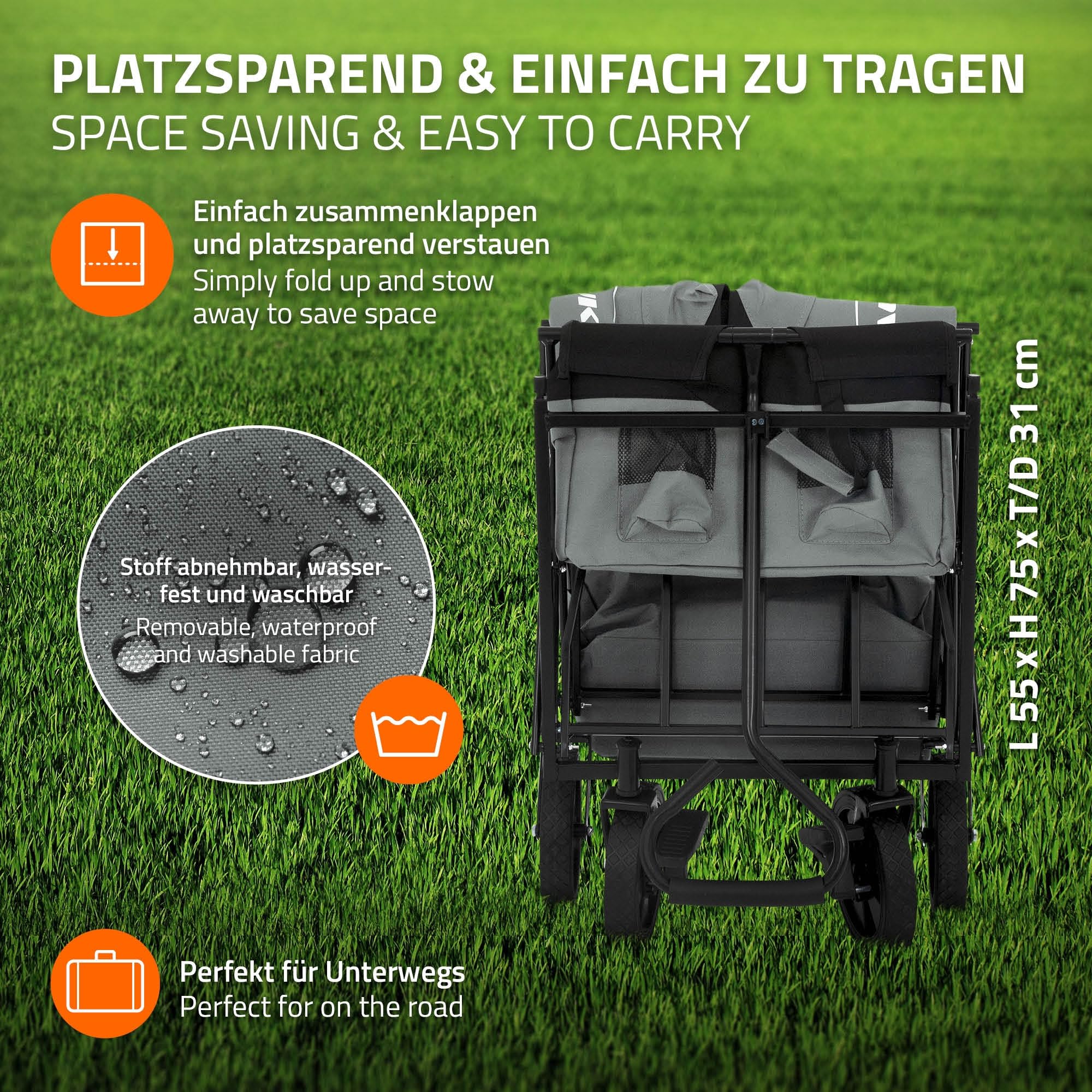 Hauki Carrello Pieghevole da Spiaggia per Bambini, Carretto a Mano per Trasporto Bimbi con Tettuccio e Borsa Posteriore, Carrello Portatutto con Parasole Grigio e Freno Ruote Anteriori, Carico 80 kg