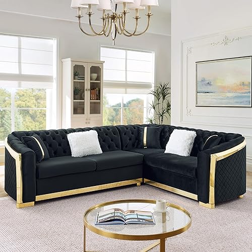 Miniatura 21 de KEIKI Sofá Seccional Chesterfield de Terciopelo de Lujo en Forma de L de 111" con Detalles de Acero Inoxidable Dorado y 7 Almohadas, Sofá de 5