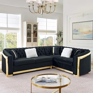 KEIKI 106" L-Shaped Luxury Velvet Chesterfield Sectional Sofa with Gold Stainless Steel Accents and 5 Pillows, Mid-Century Oversized 5-Seater Button Tufted Couch, Easy Assembly, for Living Room, Black
