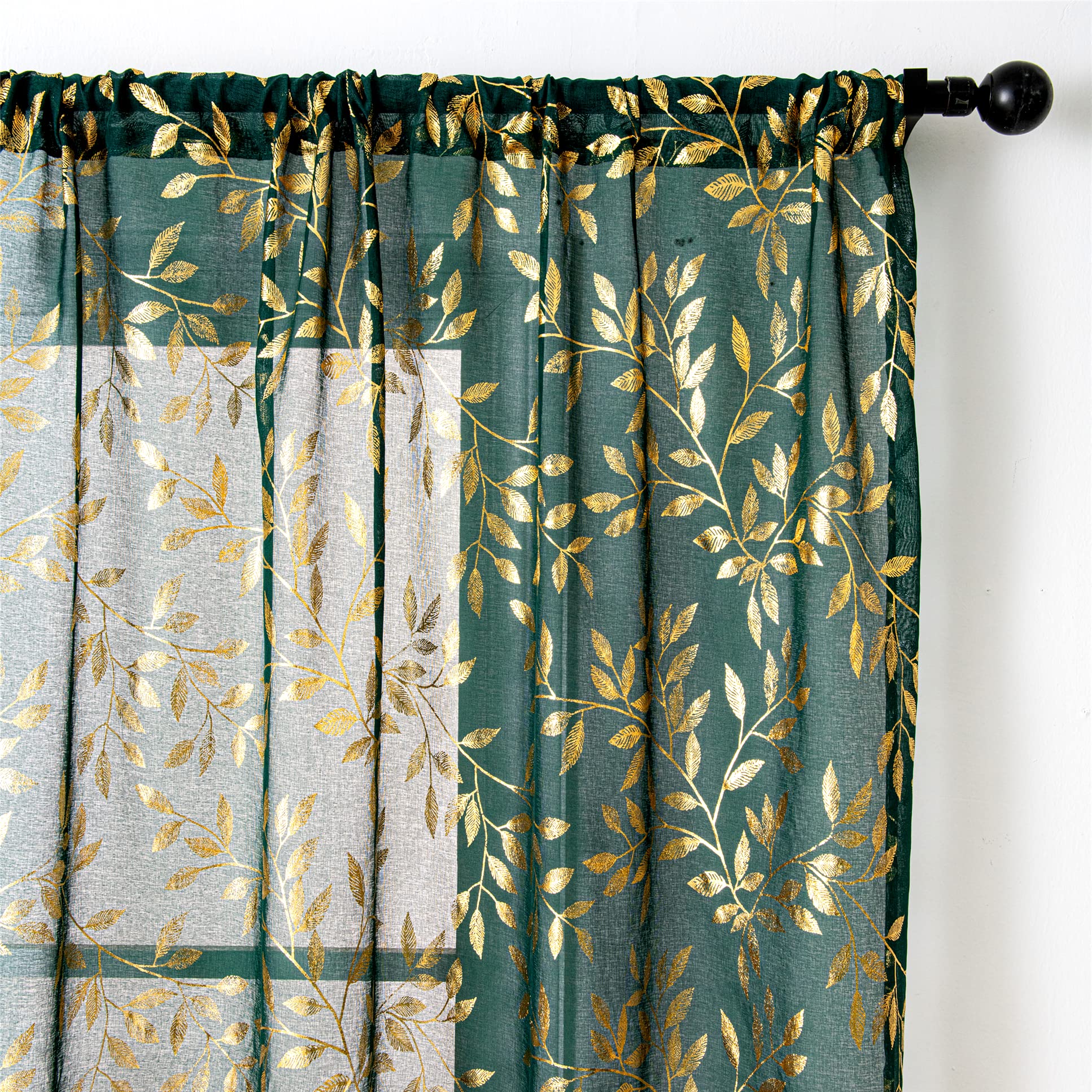 Condition photo showing New/Like New for deeprove sheer curtains 63 inches length 2 panels set, gold foil metallic vine leaves print dark hunter green window treatments pair for bedroom, golden privacy drapes, 52" w x 63" l, emerald green