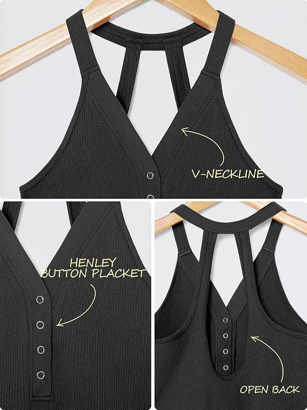 ODODOS 2-Pack Seamless Henley Crop for Women Open Back Ribbed Tank Button-up Cropped Top, Black Clay, X-Small/Small by ODODOS - Used condition - Image 5