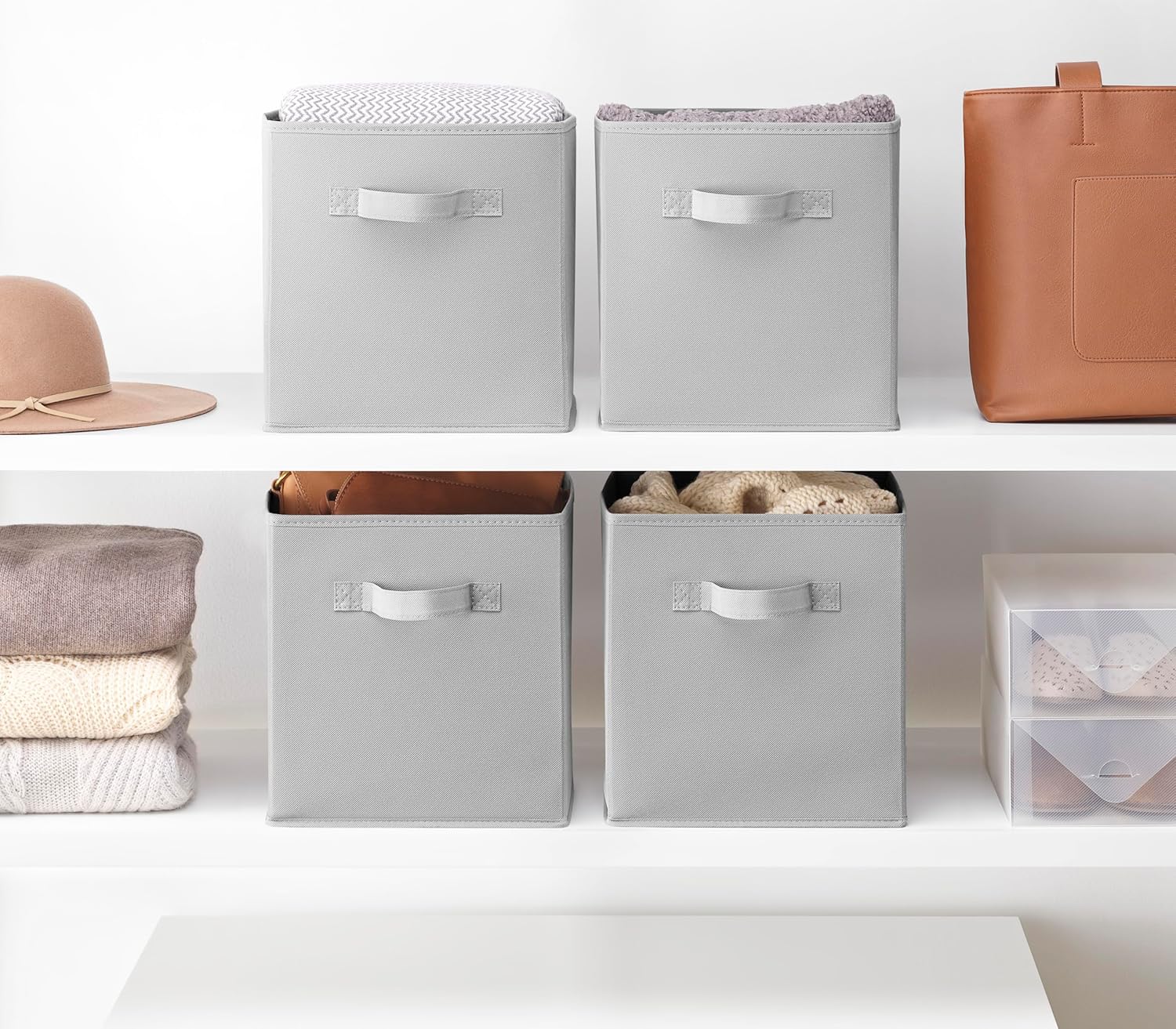 Whitmor 6 Pack 12 Inch Black Foldable Diamond-Patterned Faux Leather Storage Cube Bins with Handles – Ideal for Living Room, Bedroom & Office Organization