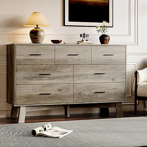 Miniatura 7 de Cómoda para dormitorio con 7 cajones, cómoda moderna de 47.2 pulgadas de ancho con asas de metal, base en forma de X y pata central ajustable,