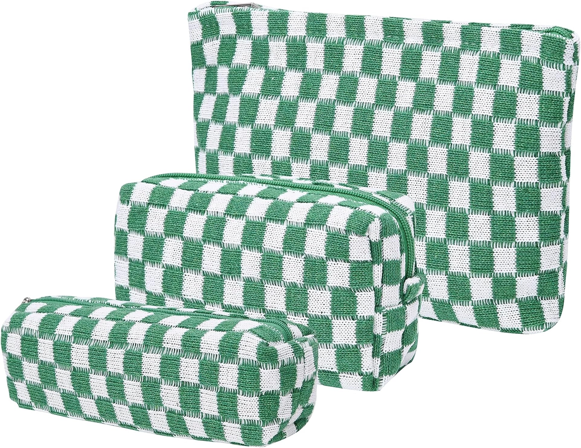 Large Capacity Makeup Bag Set Green Checkered Makeup Bags 3 Pieces Canvas Travel Makeup Bag Organizer Travel Toiletry Bag Storage Bag for Women