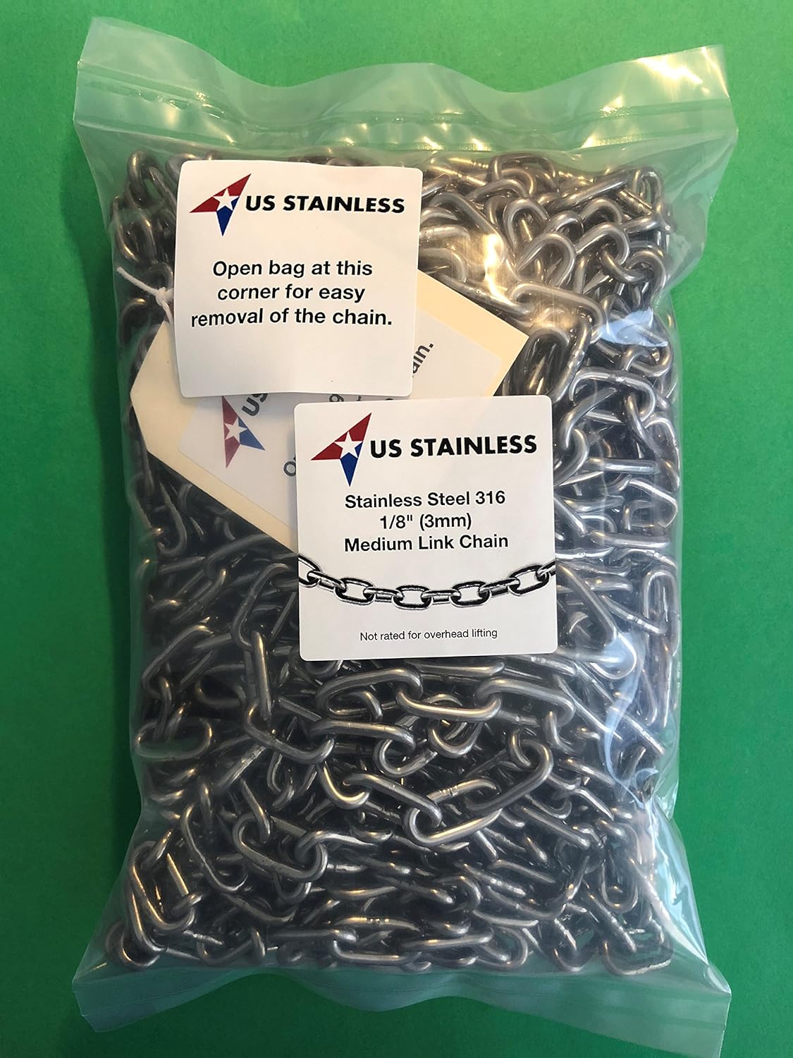 US Stainless Stainless Steel 316 Chain 1/8" (3mm) Medium Link Chain in Poly Bag