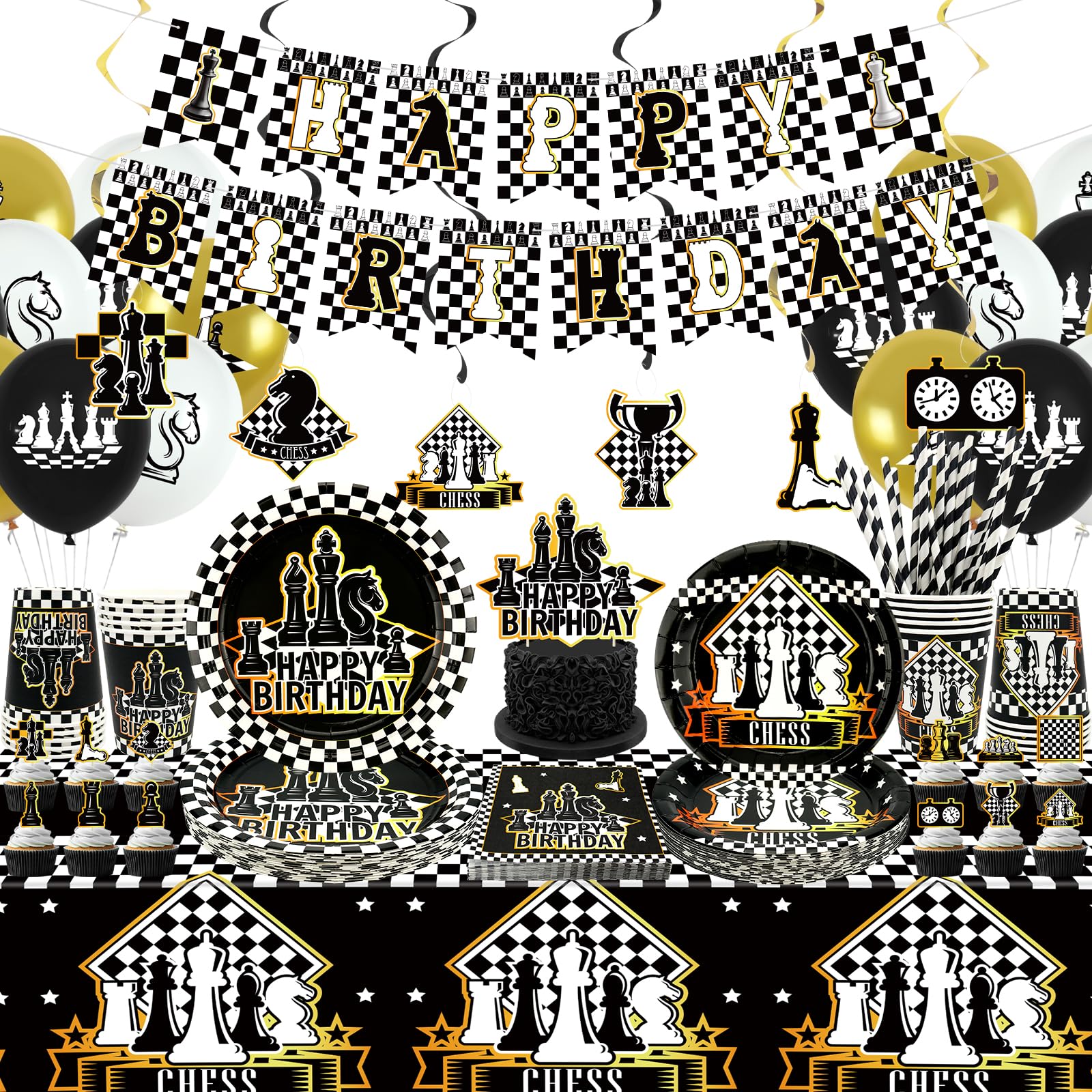 Obussgar Chess Party Decorations - Chess Party Supplies including Banner, Plate, Cake Topper, Cup, Napkin, Tablecloth - Serves 20 (LQ)
