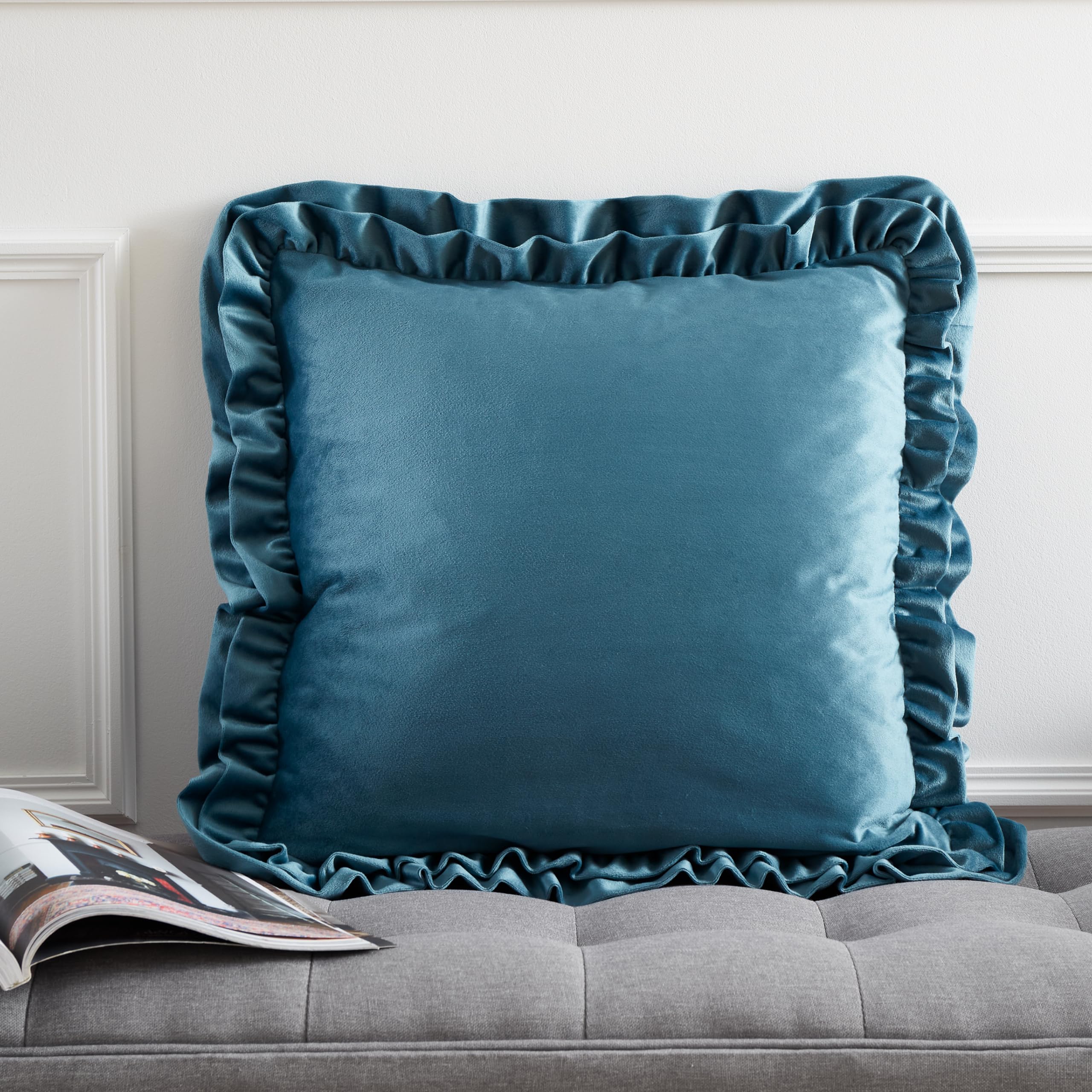 Catherine Lansfield Teal 'So Soft Velvet' Double Frill Cushion In | Size: 43Cm X 43Cm