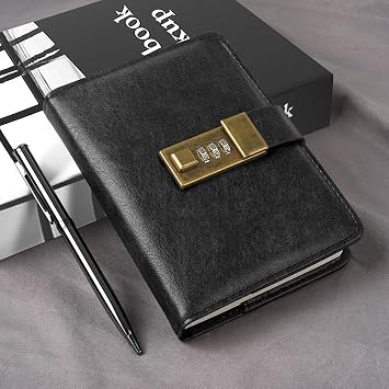 WEMATE Journal with Lock, Diary with Lock 192 Pages, Password Notebook, Pen & Gift Box - Perfect for Men and Women - 4.3X 6.18in (Black)