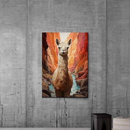 Alpaca Canvas Wall Art for Bathroom Living Room Wall Decoration with Frame Animal Portrait Window Wall Painting Autumn Landscape Wall Picture