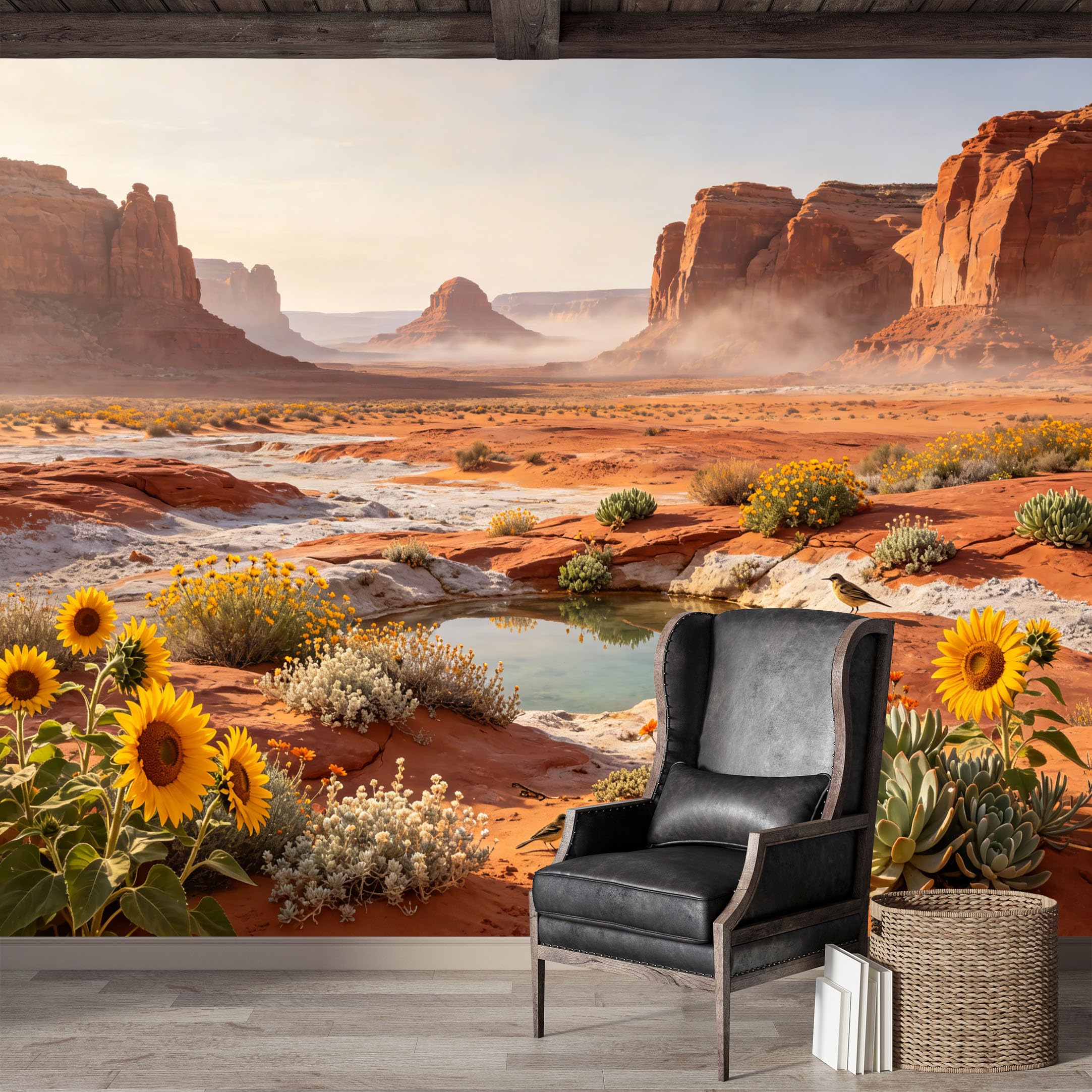 Custom Size Wall Mural,Desert Oasis with Sunflowers and Canyons Landscape Premium Water Activated SelfAdhesive Wallpaper,Removable Wall Covering for Indoor Home Decor