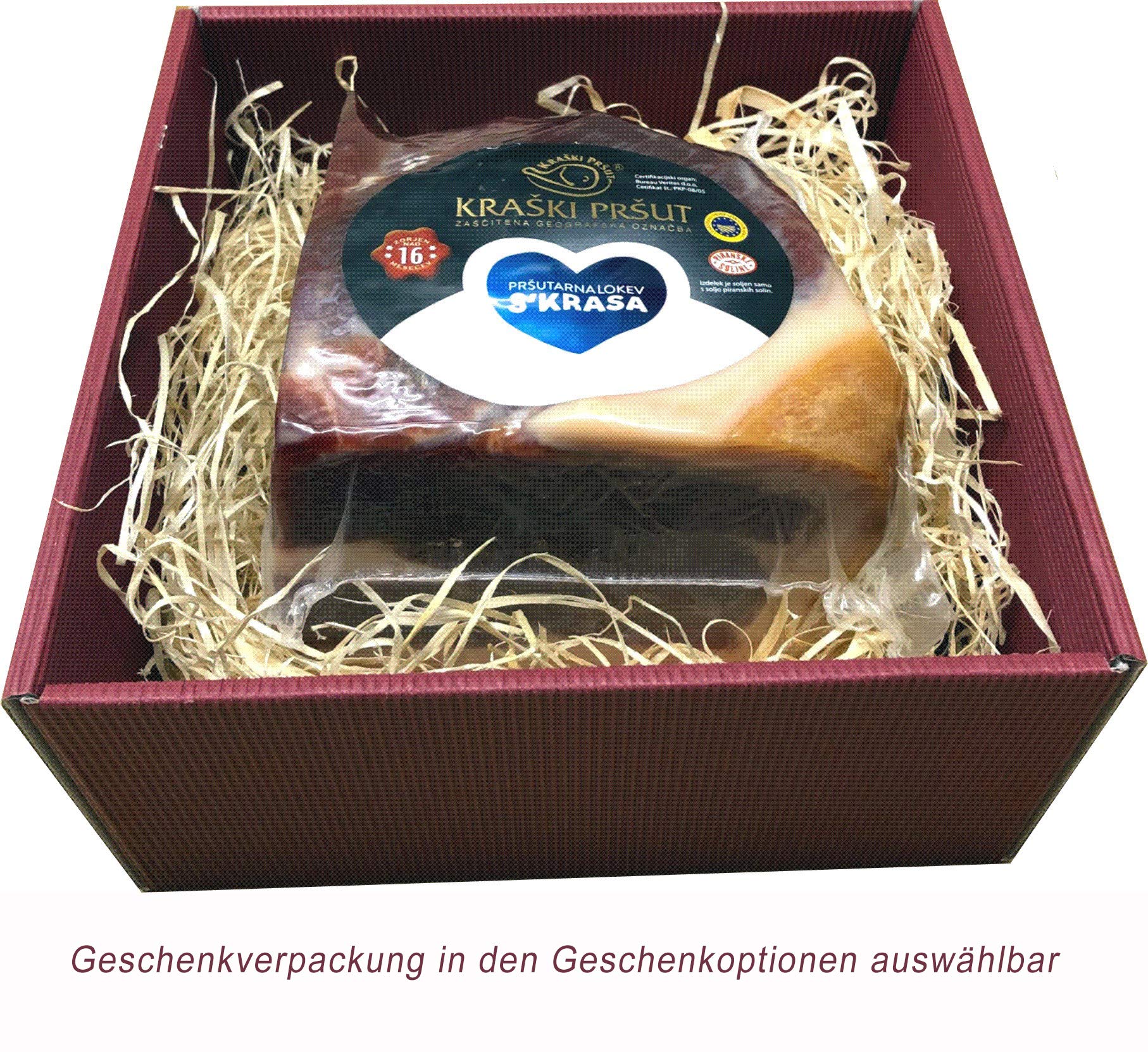 Luftgetrockneter Karst Schinken - Prosciutto - Kraski Prsut 16 Monate gereift Rohschinken mit Meersalz aus der Saline von Piran, Karst Prsut aus Istrien. Stück ca. 700 - 1000g (Einweg)