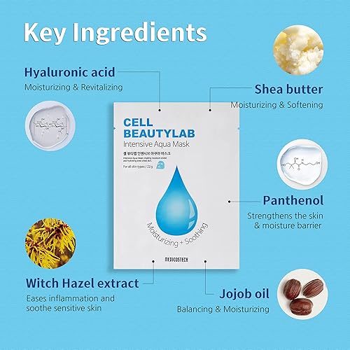 Miniatura 3 de Paquete de 20 mascarillas intensivas de agua, hidratante, hidratante y calmante para todo tipo de piel, ácido hialurónico, pantenol, manteca de