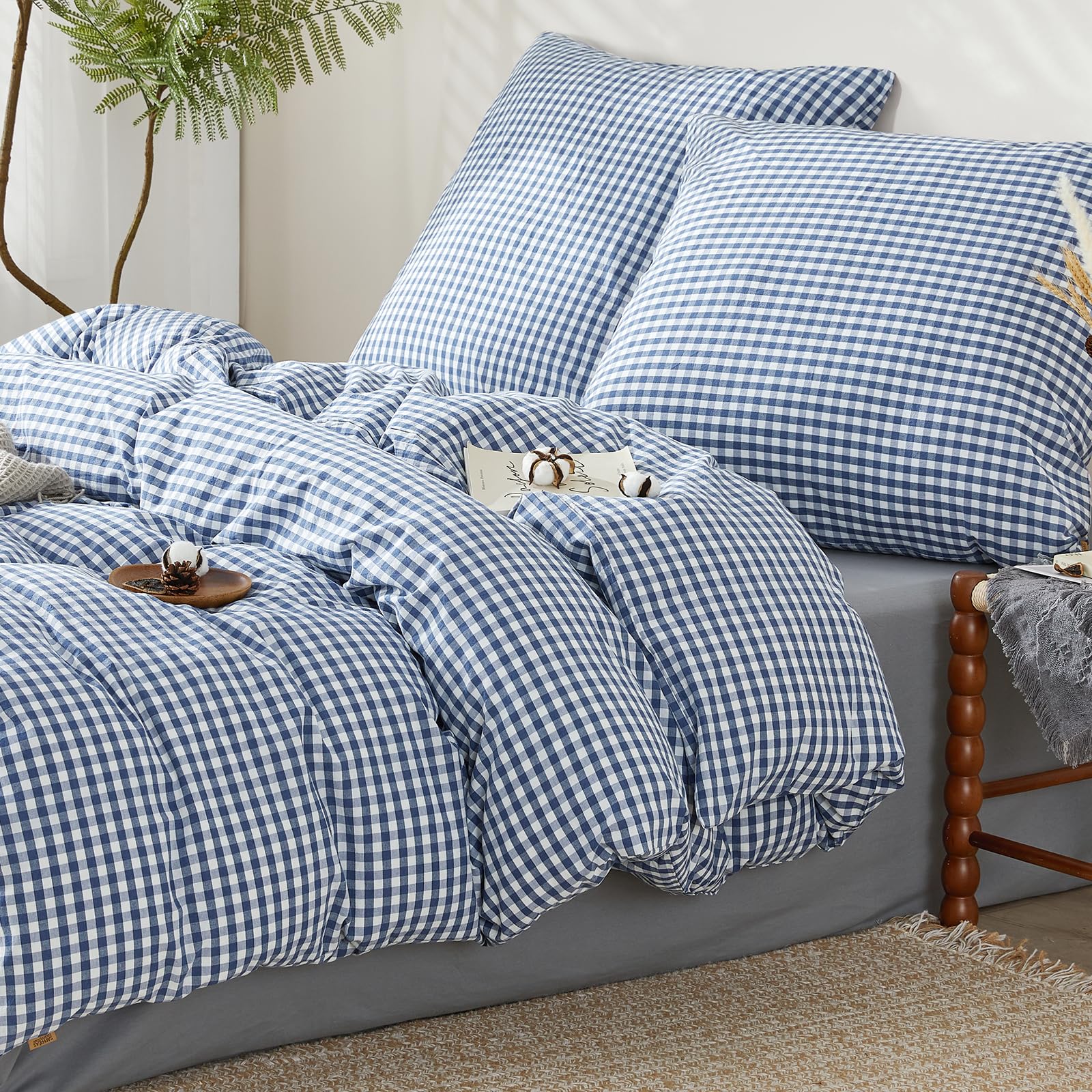SAPHREAS Bettwäsche 200x200 Baumwolle Gewaschene Kariert 3teilig, Geometrisch Karomuster Bettwäsche Sets Oeko-Tex Zertifiziert Bettbezug mit Reißverschluss, Marine