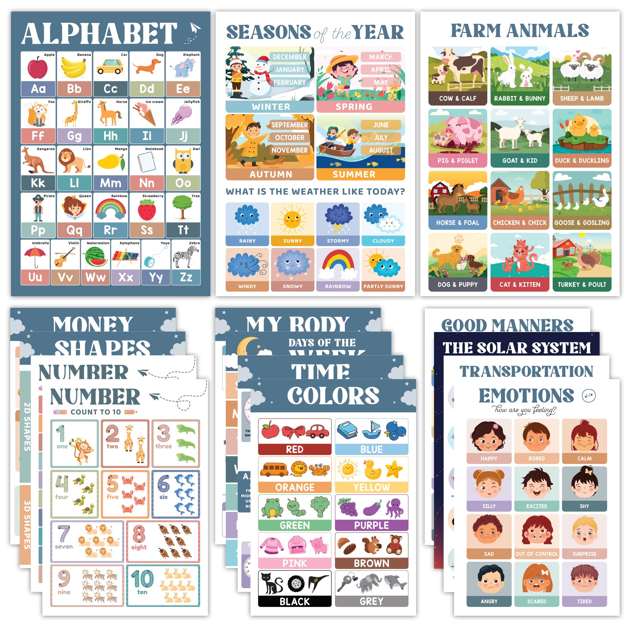 DINIZON 18 Laminated Boho Learning Posters for Toddlers 1-3 Ages 2-4 - Preschool Learning Activities for Kids Ages 3-5, 11x17 Classroom Decor for