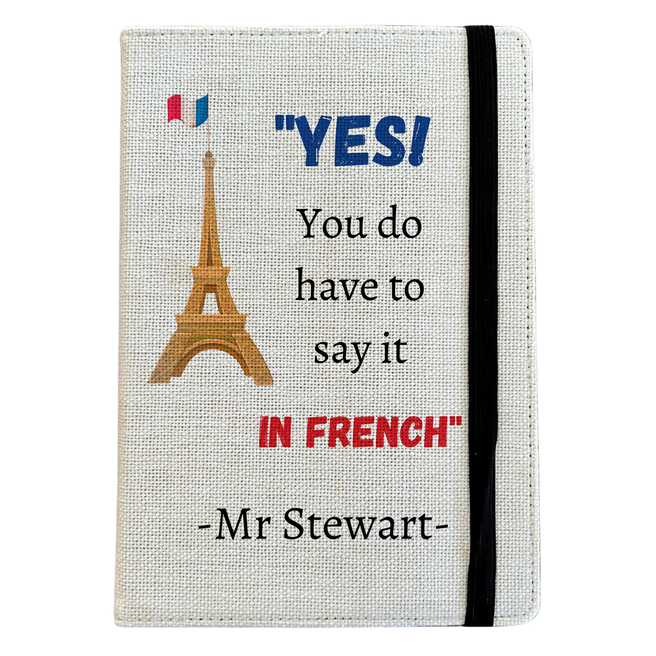Personalised French A5 Notebook - Custom Teacher Lined Journal - Reusable School Notebook Cover - Linen Hardback Journal Cover Gift