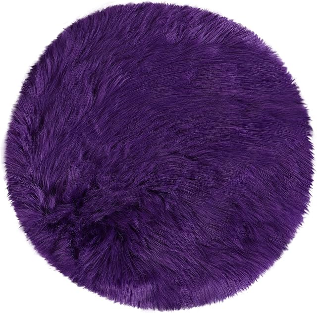 sourcing map Faux Fur Sheepskin Area Rug, Round Fluffy Indoor Carpets for Bedroom Living Room Sofa - Shaggy Soft Floor Decoration Washable Rugs, Purple 60x60cm / 2 x 2 Feet