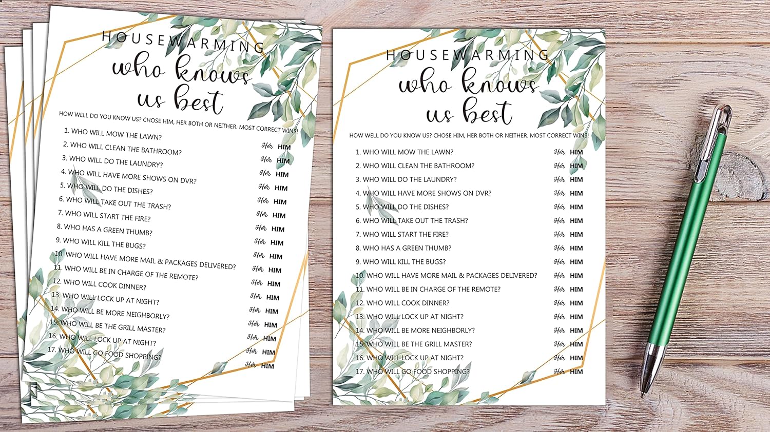 OICPYD Housewarming Party Games, Who Knows Us Best, Greenery New Home, New House, New Homeowner Party Games Cards, 30 Sheets Each Pack