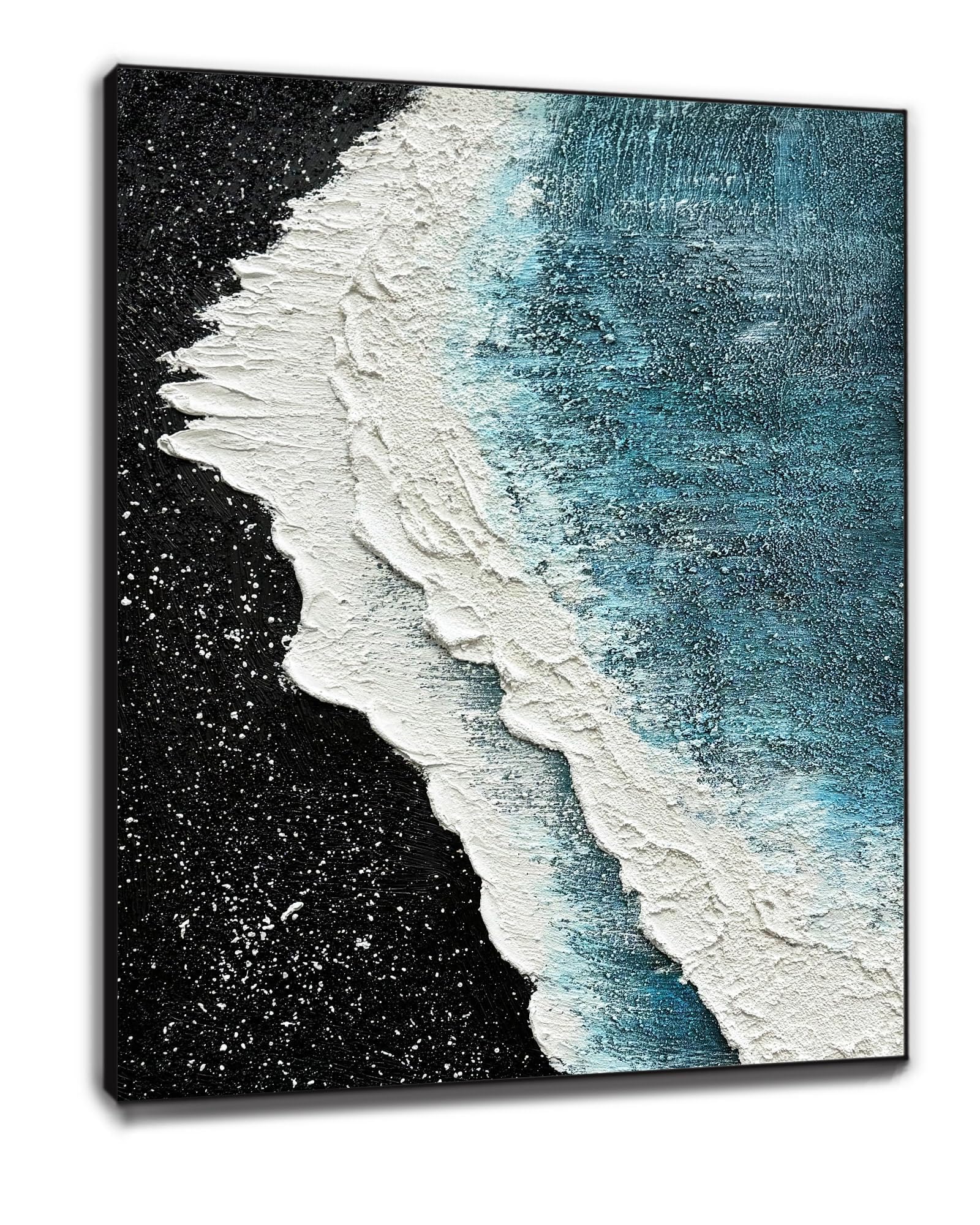 AntExpanse Hand Painted 3D Textured Canvas Wall Art, Framed Black White and Blue Beach Oil Paintings, Abstract Modern Artwork Quartz Sand Wall Painting for Living Room Bedroom Wall Décor(16x24 inch)