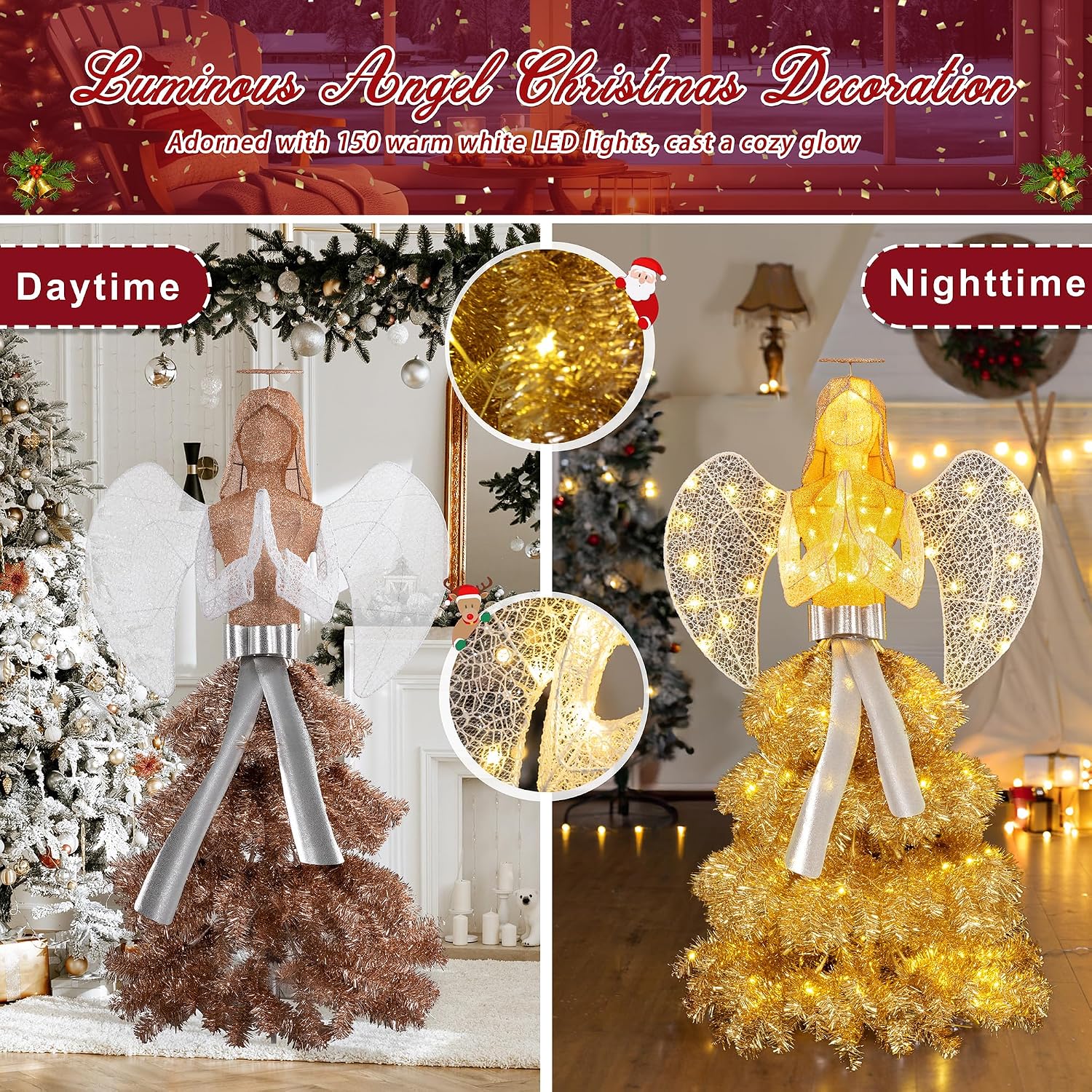 Large Lighted Angel Outdoor Statue for Yard & Garden, Weatherproof LED Decorative Angel for Patio, Lawn & Holiday-Style Outdoor Decor, Gold
