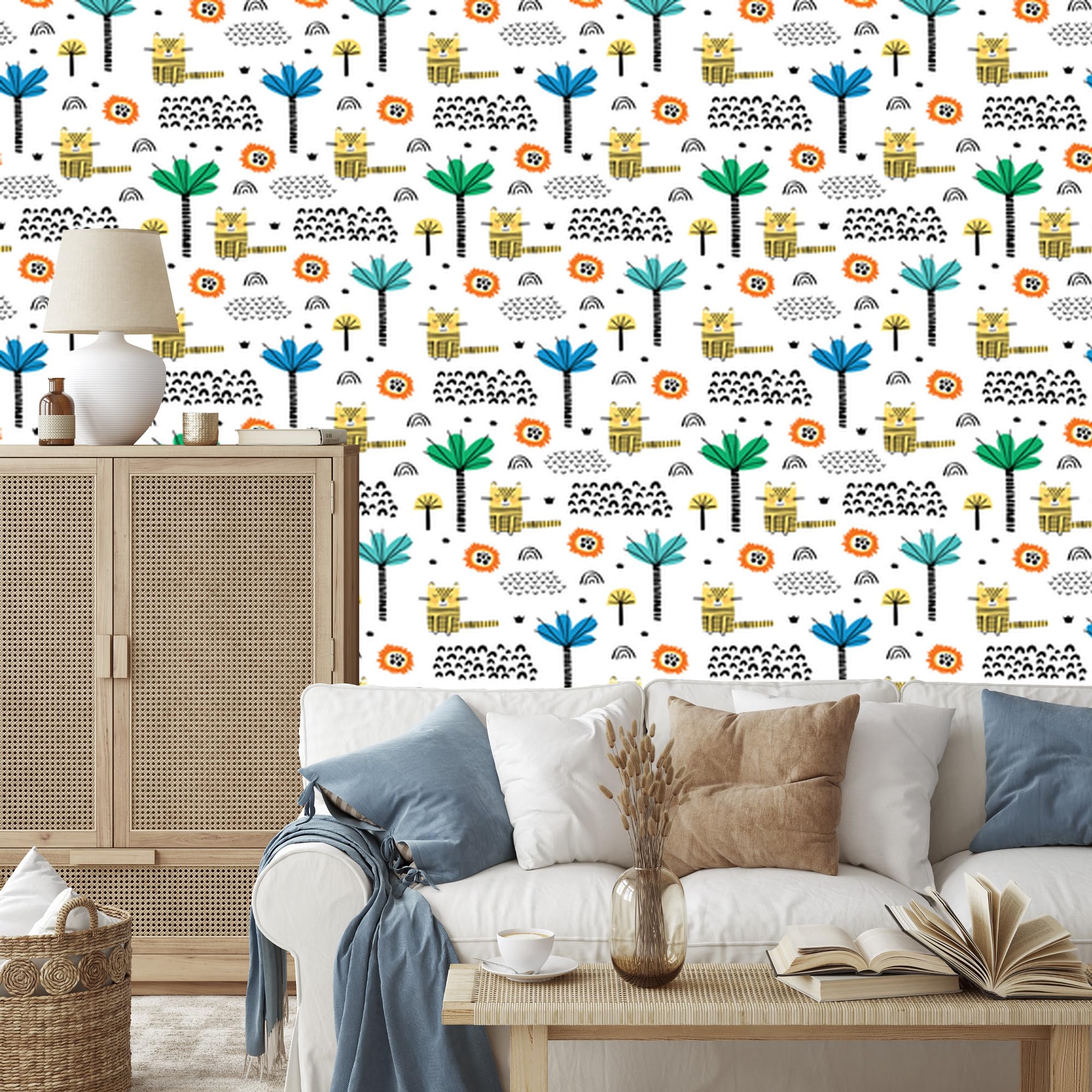 Vliestapete Tiere, Katzen und Bäume 50 x 1000 cm | Feline Tierillustration; Verspielter Zimmerschmuck; Behagliche Kinderdekoration; Kleister im Set