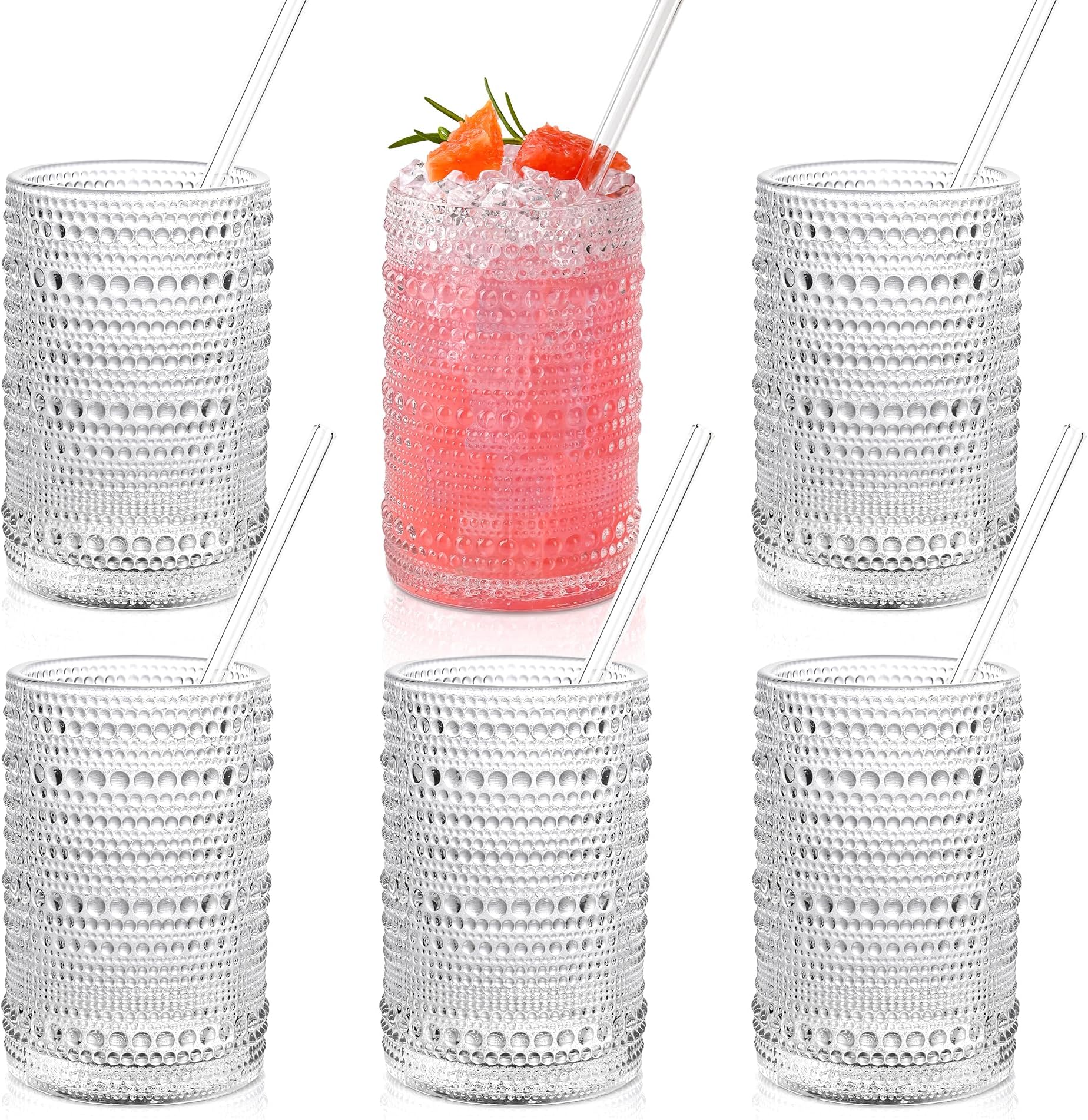 Hobnail Drinking Glasses with Straws 15oz Vintage Glassware Set of 6 Embossed Vintage Water Cups, Highball Glasses for Cocktail,Whiskey,Beer and Juic
