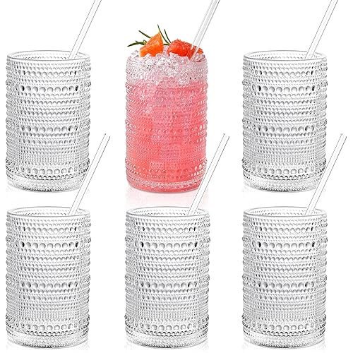 Hobnail Drinking Glasses with Straws 15oz Vintage Glassware Set of 6 Embossed Vintage Water Cups, Highball Glasses for Cocktail,Whiskey,Beer and Juic
