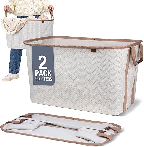CleverMade - Canasta plegable para ropa sucia - LUXE Crema a cuadros de herringbone, paquete de 2, 60L - Organizador de almacenamiento ahorrador de