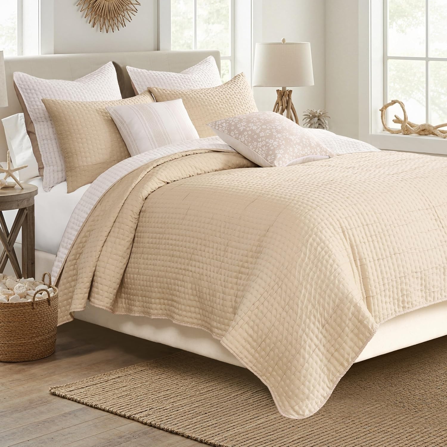 Greenland Home Fashions Homestead Modern Artisan Reversible Matelassé Coverlet Set, 3-Piece Full/Queen, Natural