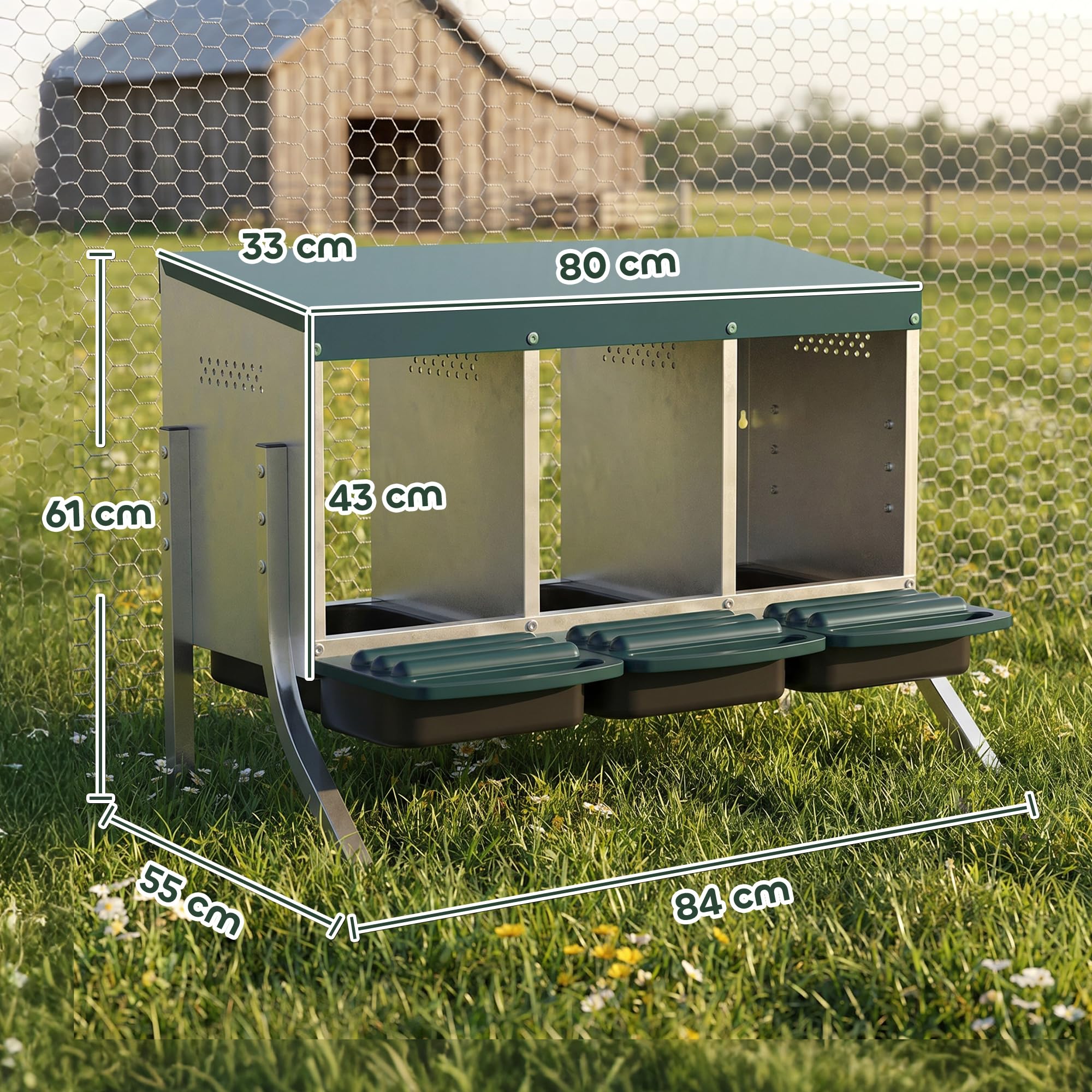 PawHut Legenest für Hühner, Abrollnest mit Belüftungslöchern, 3 Fächer, Hühnernest für 3 Hühner, Geflügelnest für Kleintierstall 84 x 55 x 61 cm, Silber