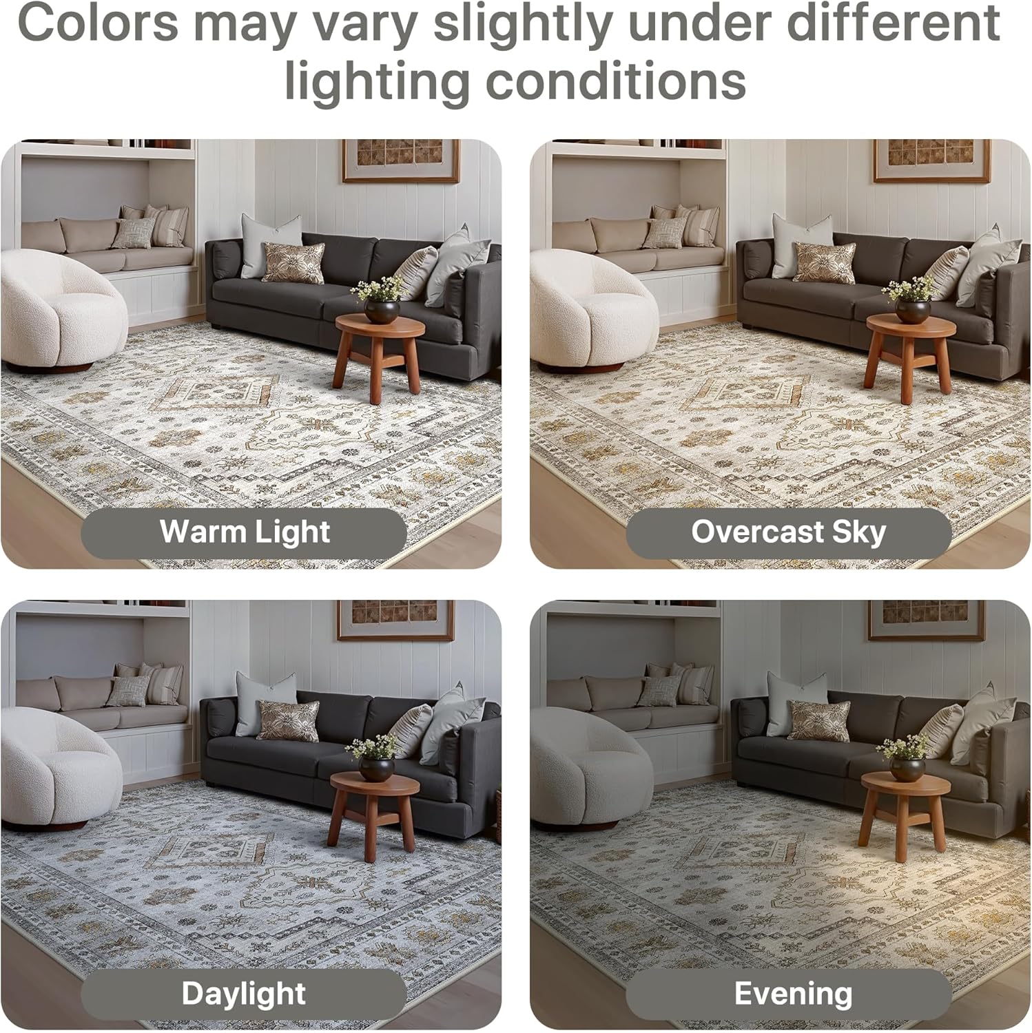 GENIMO 9x12 Area Rugs for Living Room, Machine Washable Low Pile Rugs, Non Slip Vintage Rug for Bedroom, Dining Room, Home Office, Kitchen, Ash