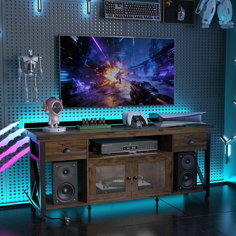TV Stand for TV up to 55 Inches,Farmhouse Entertainment Center with 2 Drawers & Storage Cabinets, Industrial Media Console Table with Small Speaker Stand for Living Room, Bedroom, Rustic Brown image 7