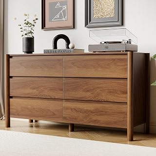 47" Wide 6-Drawer Dresser, Farmhouse Storage Chest with Solid Wood Legs, Large Organizer TV Stand for Bedroom, Living Room & Hallway, Walnut Finish - Amazon product rated Grade A