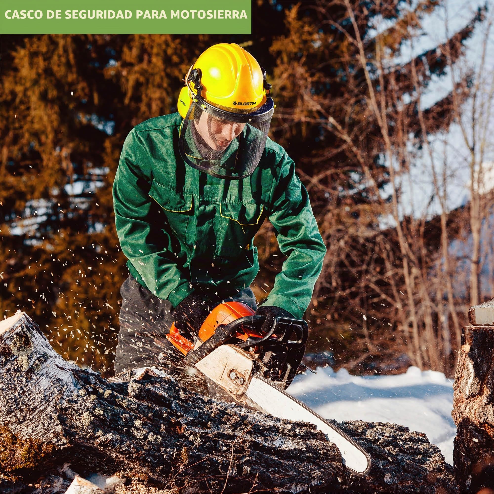 BLOSTM Casco de Seguridad para Motosierra - Casco Desbrozadora 3 en 1 con Visera de Malla de Acero y Orejeras de Protección Auditiva, Casco Obra y Forestal, Antiruido, Resistente a Impactos