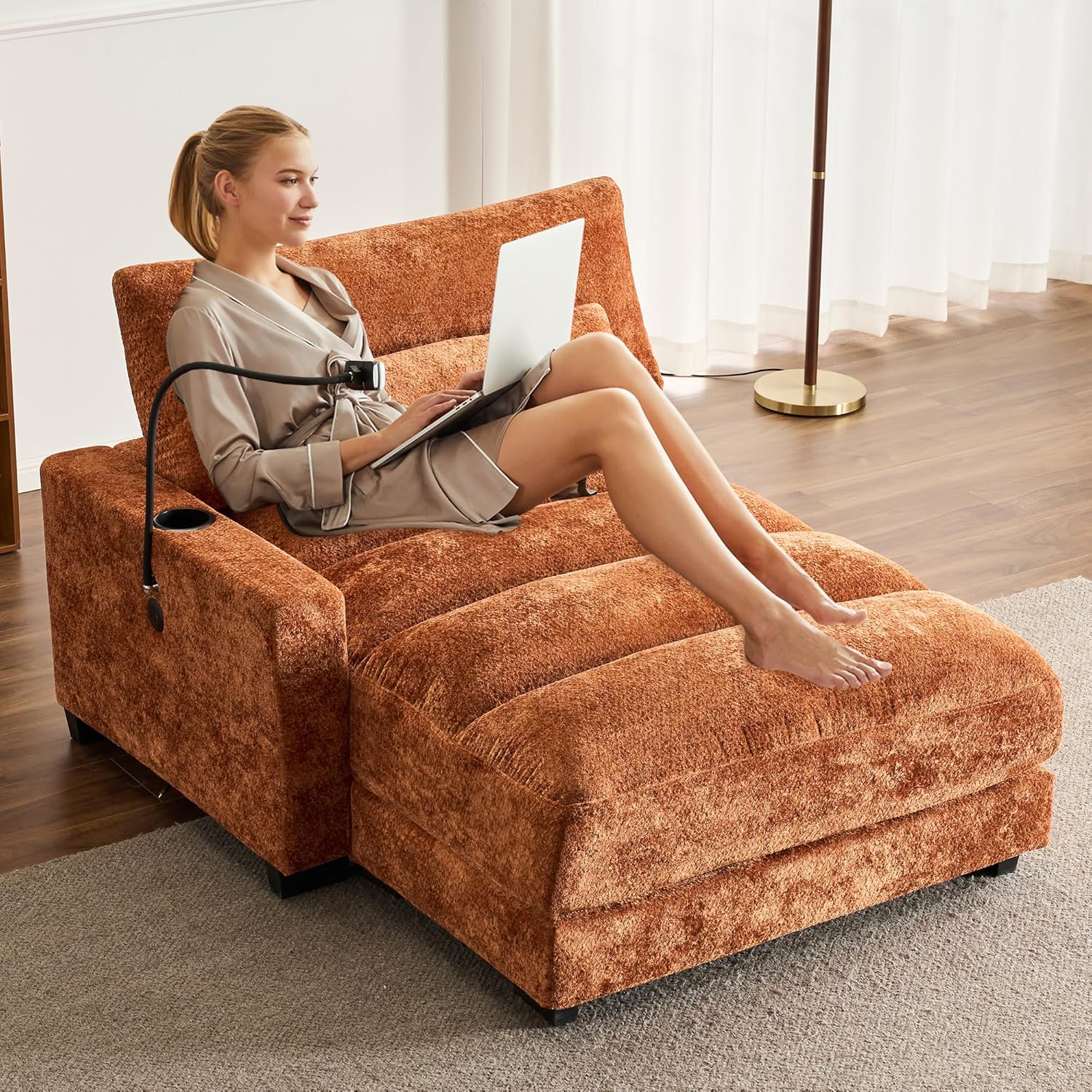 57.87" Oversized Chaise Lounge Chair Indoor, Upholstered Sleeper Chair Fainting Couch with USB Port Phone Holder, Bed Chaise Bench for Living Dressing Room Bedroom Office, Orange