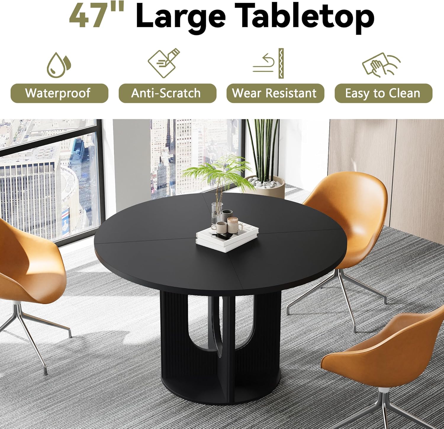 Farmhouse Round Fluted Dining Table for 4, 47 Inch Circle Kitchen Table with Wooden Pedestal Base, Dinner Tables for Home Living Room Kitchen (Black)