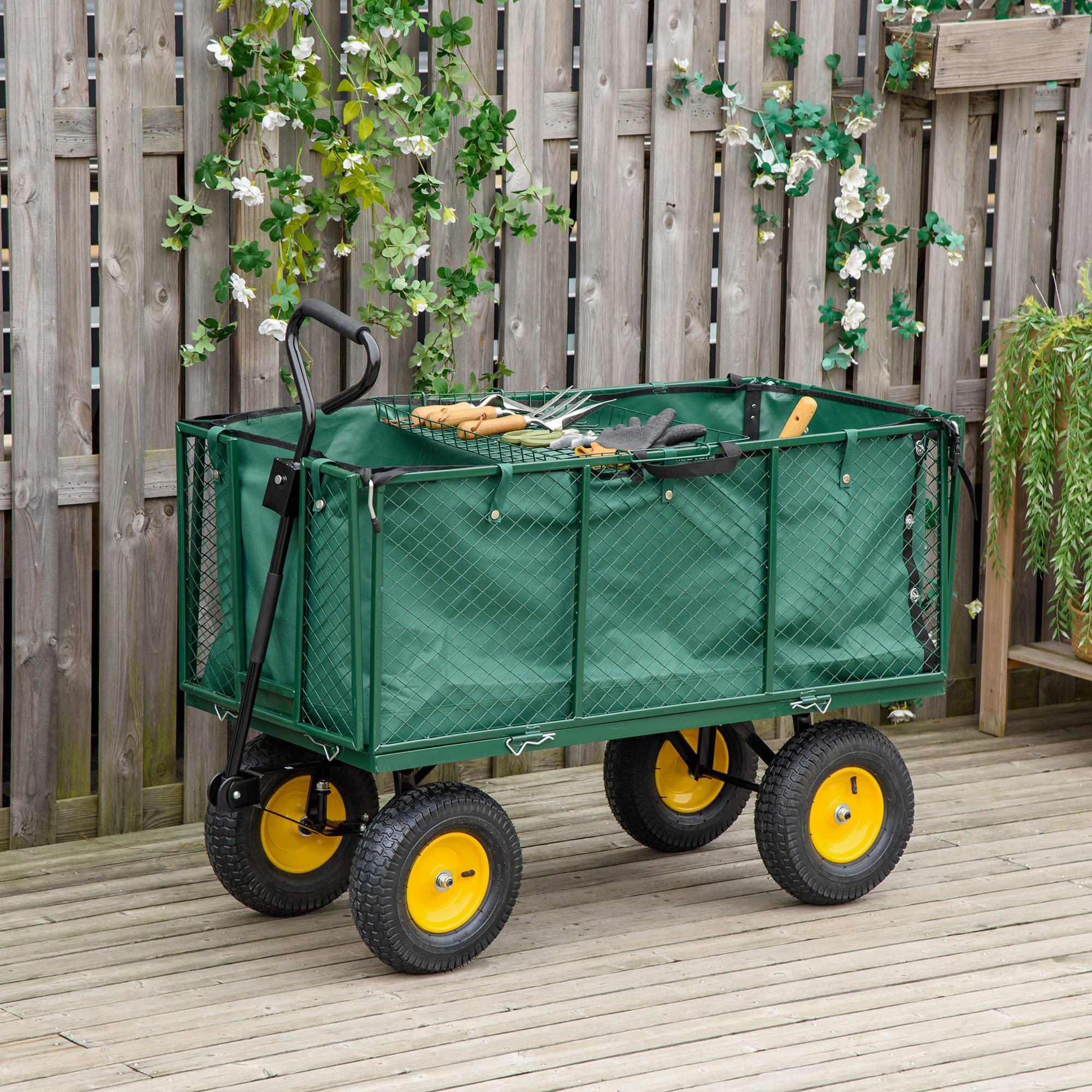 Outsunny Carrello da Giardino 342L con Maniglia Pareti Laterali Ribaltabili e 4 Ruote, 138x57x84cm, Verde