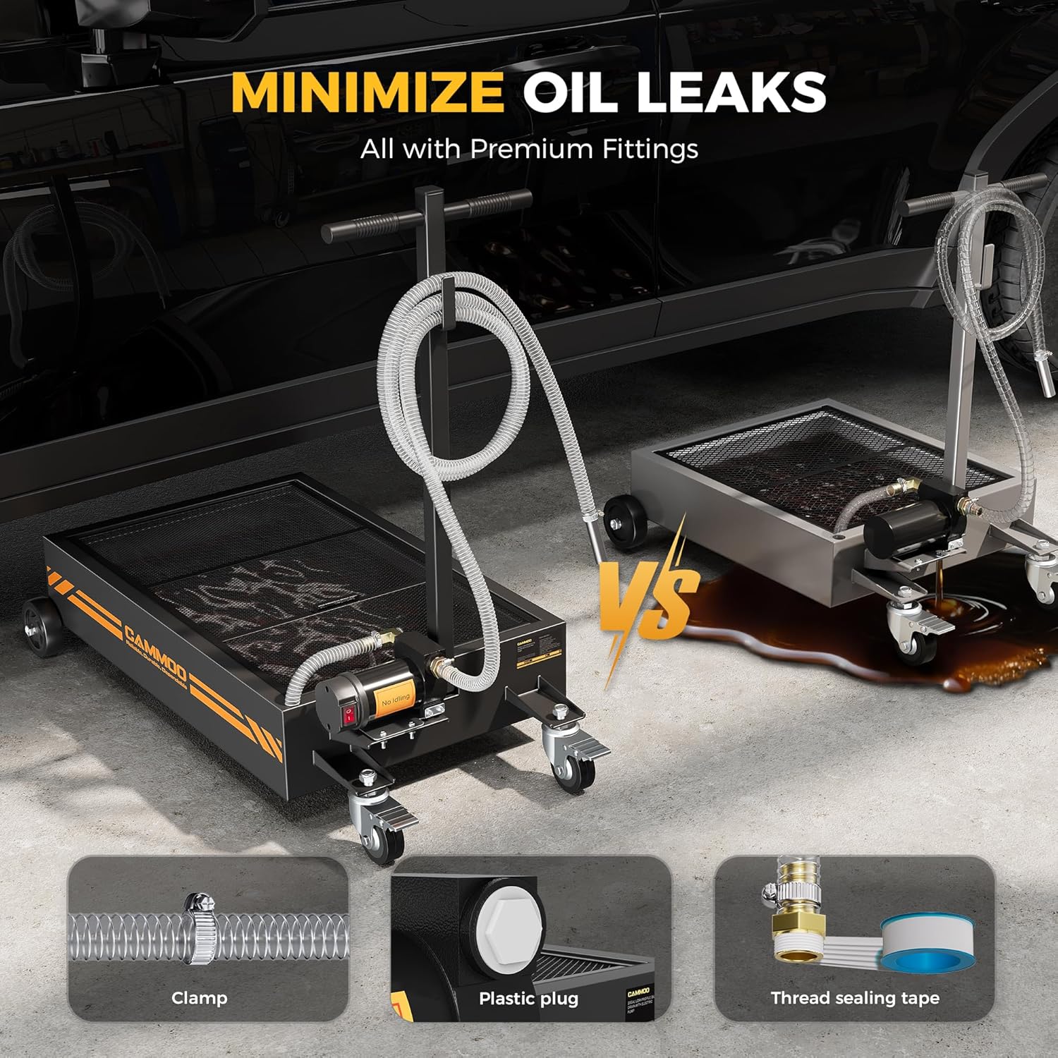 CAMMOO 15 Gal Electric Oil Drain Pan, 110V High-Flow Pump, 9.8 FT Hose, 200 W Motor, 2 Locking Swivel Casters and 2 Directional Wheels Stable, Folding Handle, Heavy-Duty for Trucks, RVs, SUVs, Black