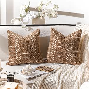 BlissBlush Decorative Throw Pillow Covers 18x18 Set of 2, Brown Boho Farmhouse Cushion Covers