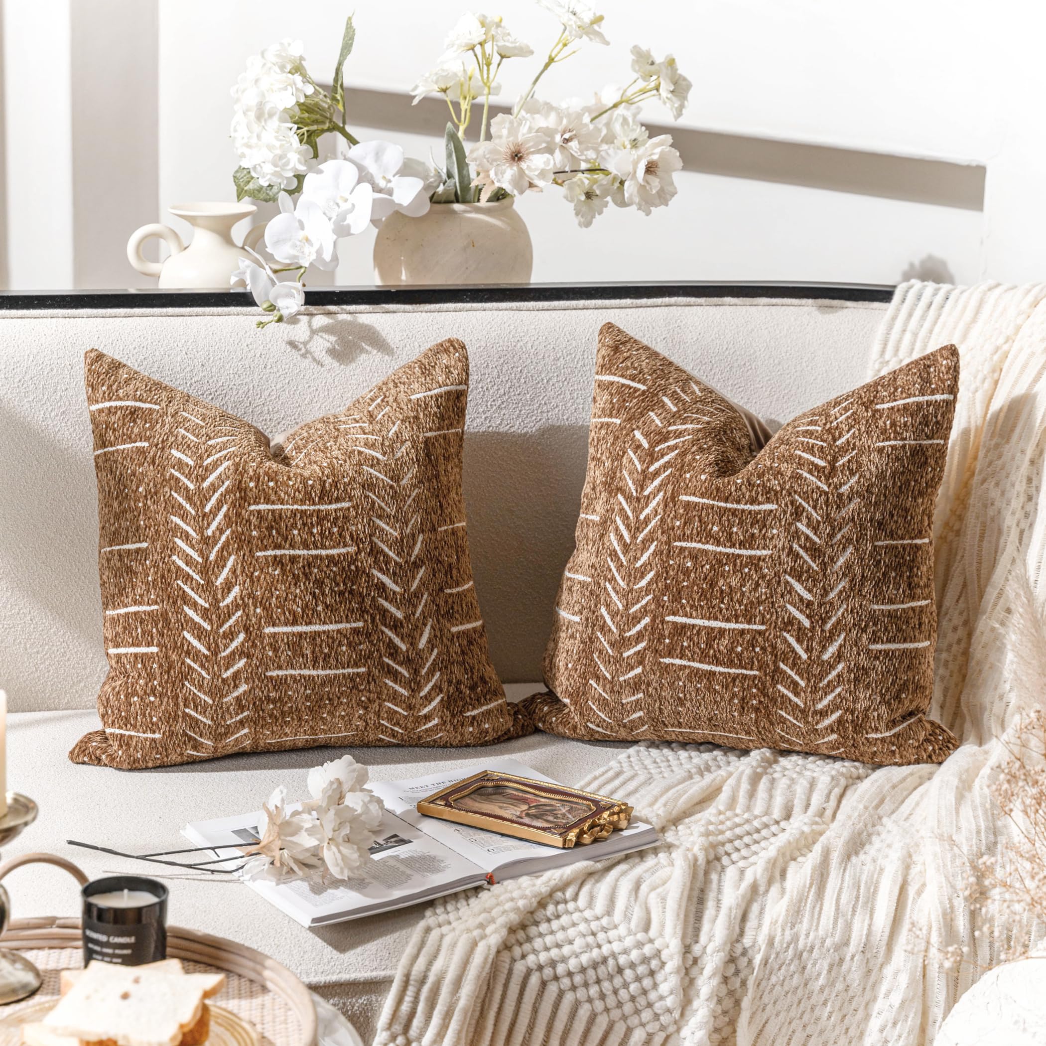 Decorative Throw Pillow Covers 18X18 Set of 2, Brown Boho Farmhouse Cushion Cover, Cozy Soft Accent Pillowcase for Couch Sofa Bed Living Room Home Décor