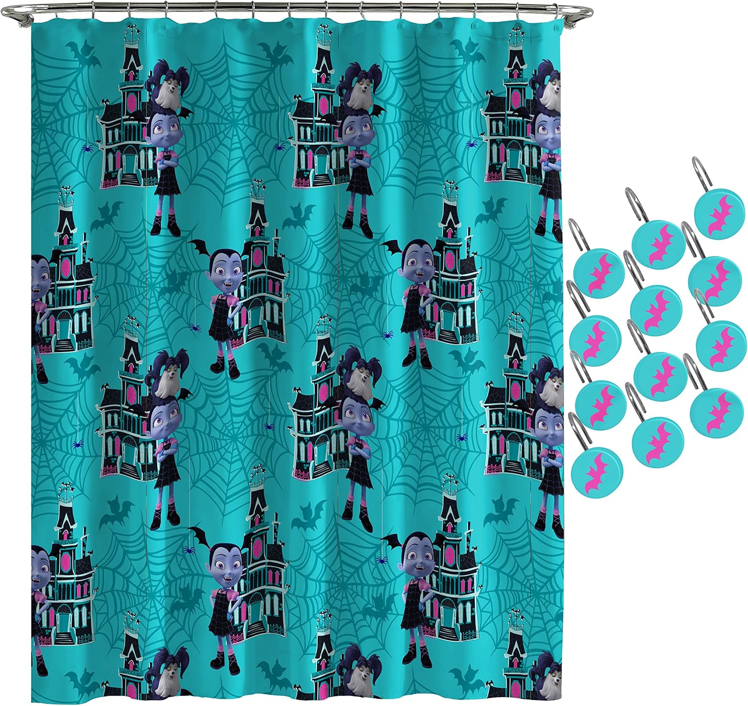 Disney Vampirina Shower Curtain & 12-Piece Hook Set & Easy Use - Kids Bath Features Vampirina Hauntley (Official Disney Product)