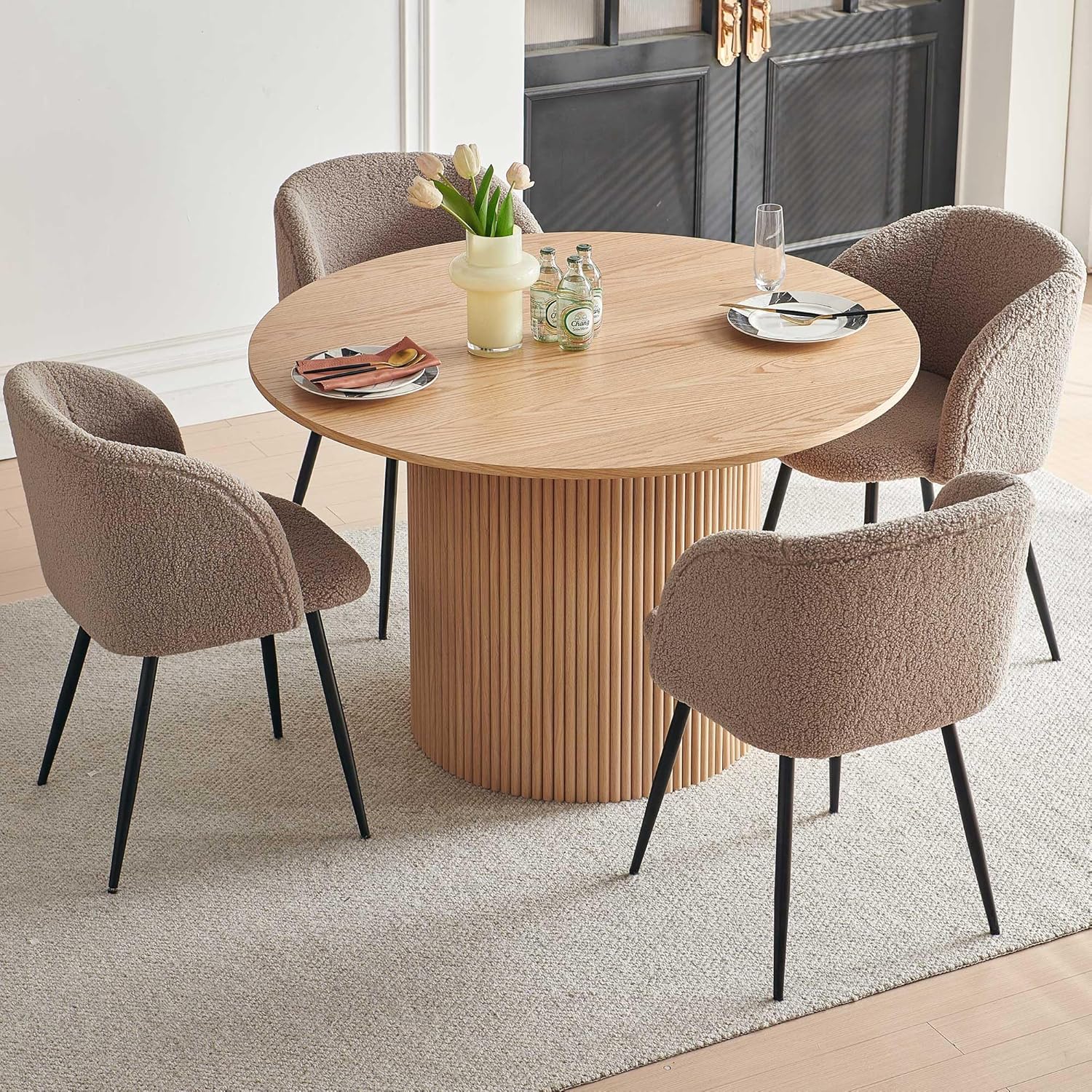 47" Round Dining Table for 4, Modern Farmhouse Kitchen Table, Circle Dining Table with Wood Strip Base, Kitchen & Dining Room Table, Oak Wood Veneer Tabletop