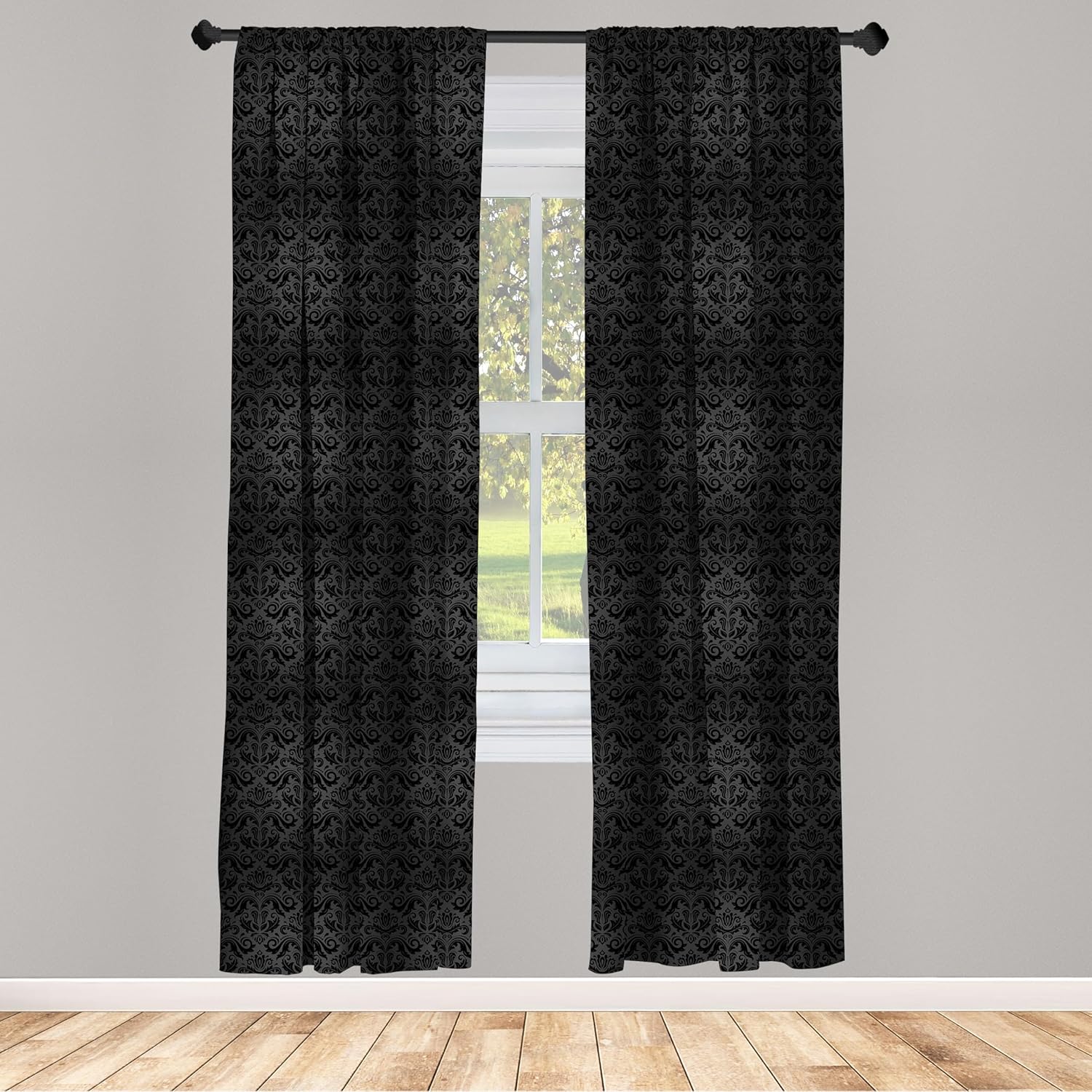 Ambesonne Dark Grey Window Curtains, Black Damask and Floral Elements Oriental Antique Ornament Vintage, Lightweight Decor 2-Panel Set with Rod Pocket, Pair of - 28" x 84", Black Grey