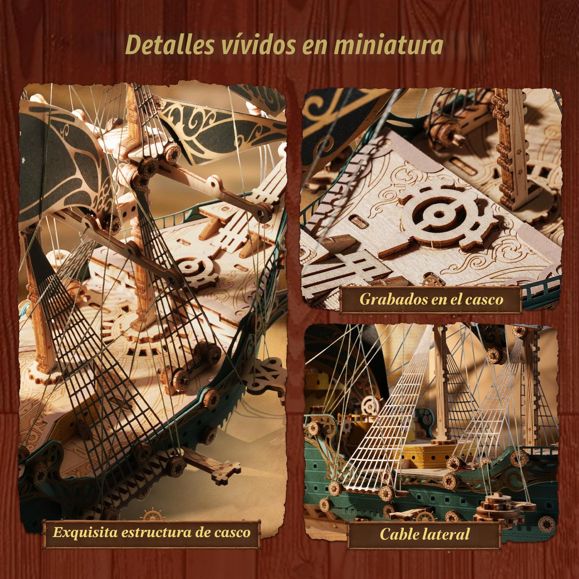 FUNPOLA Puzzle 3D de Madera Barco Pirata – Maquetas para Construir para Adultos, Kit de construcción de velero, Aventura, decoración hogar, Regalo Creativo para Adultos y Adolescentes (Verde)